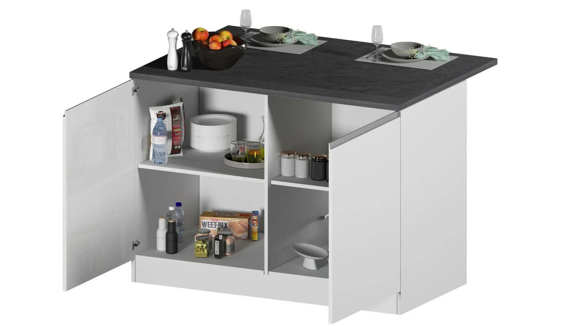 Isola da cucina Daffaticat, 125x90h90 cm, Bianco lucido e Ardesia<Dmora Hot
