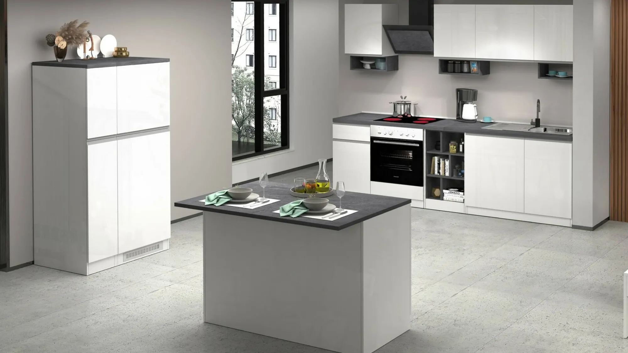 Isola da cucina Daffaticat, 125x90h90 cm, Bianco lucido e Ardesia<Dmora Hot