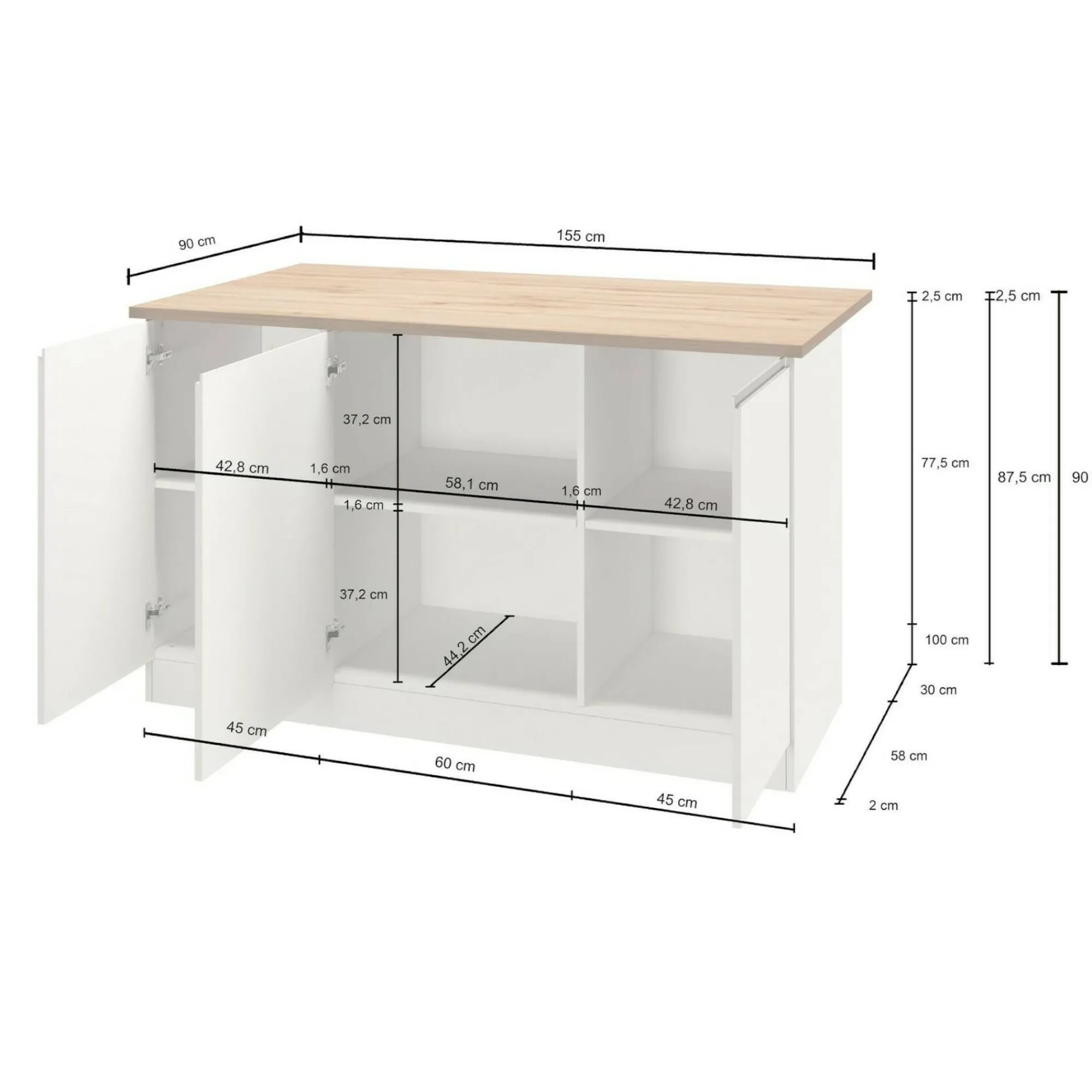 Isola da cucina Tartaro, 155x90h90 cm, Antracite e Rovere<Dmora Cheap
