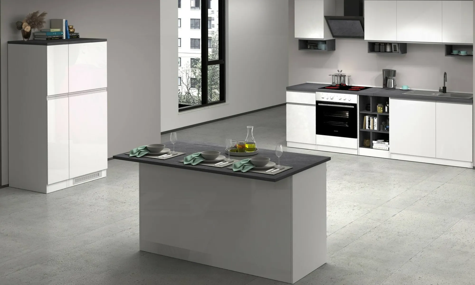 Isola da cucina Tartaro, 155x90h90 cm, Bianco lucido e Ardesia<Dmora Sale