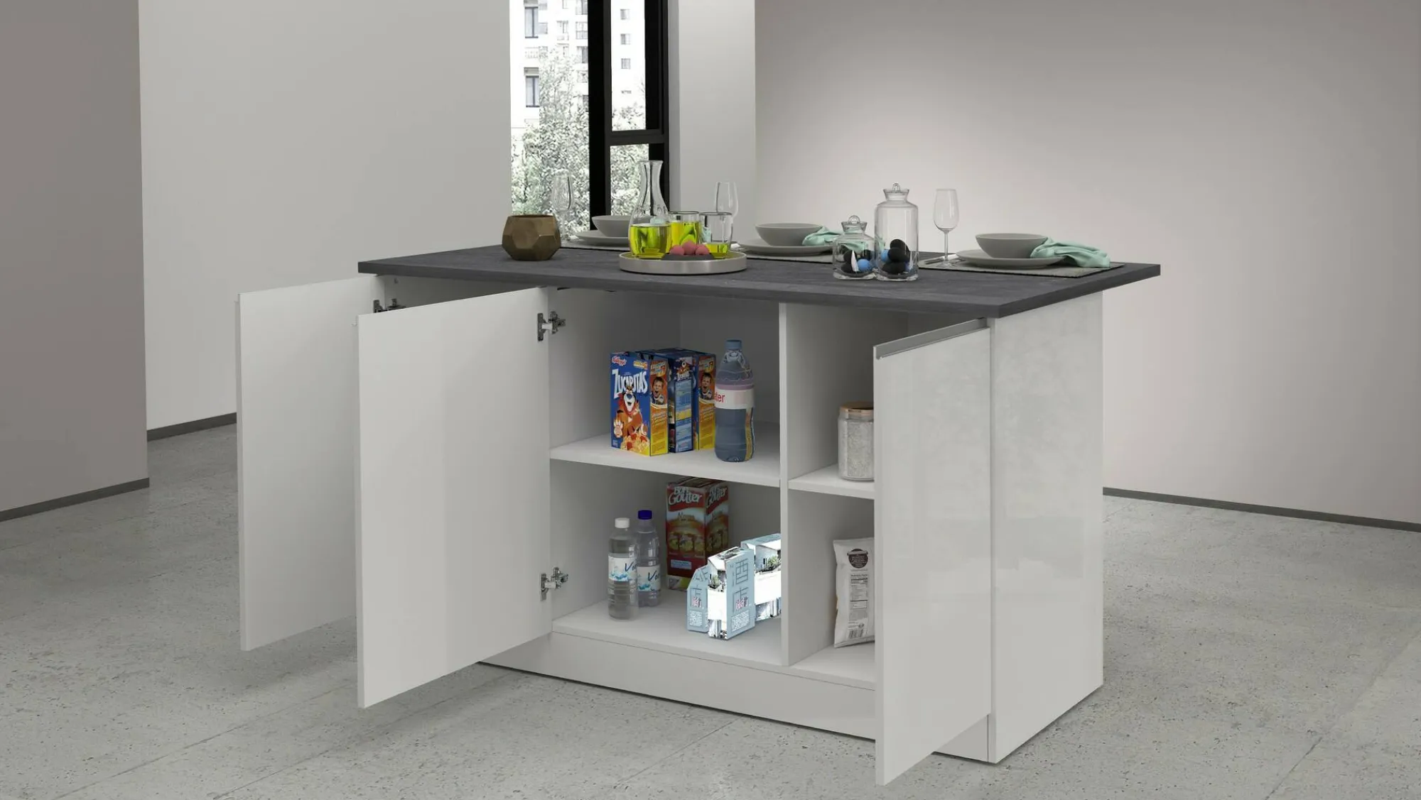 Isola da cucina Tartaro, 155x90h90 cm, Bianco lucido e Ardesia<Dmora Sale