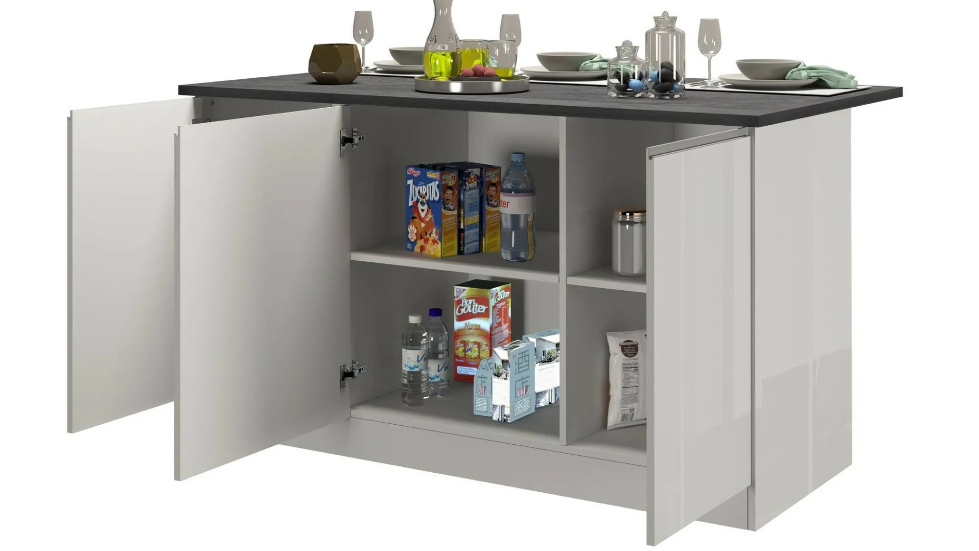 Isola da cucina Tartaro, 155x90h90 cm, Bianco lucido e Ardesia<Dmora Sale
