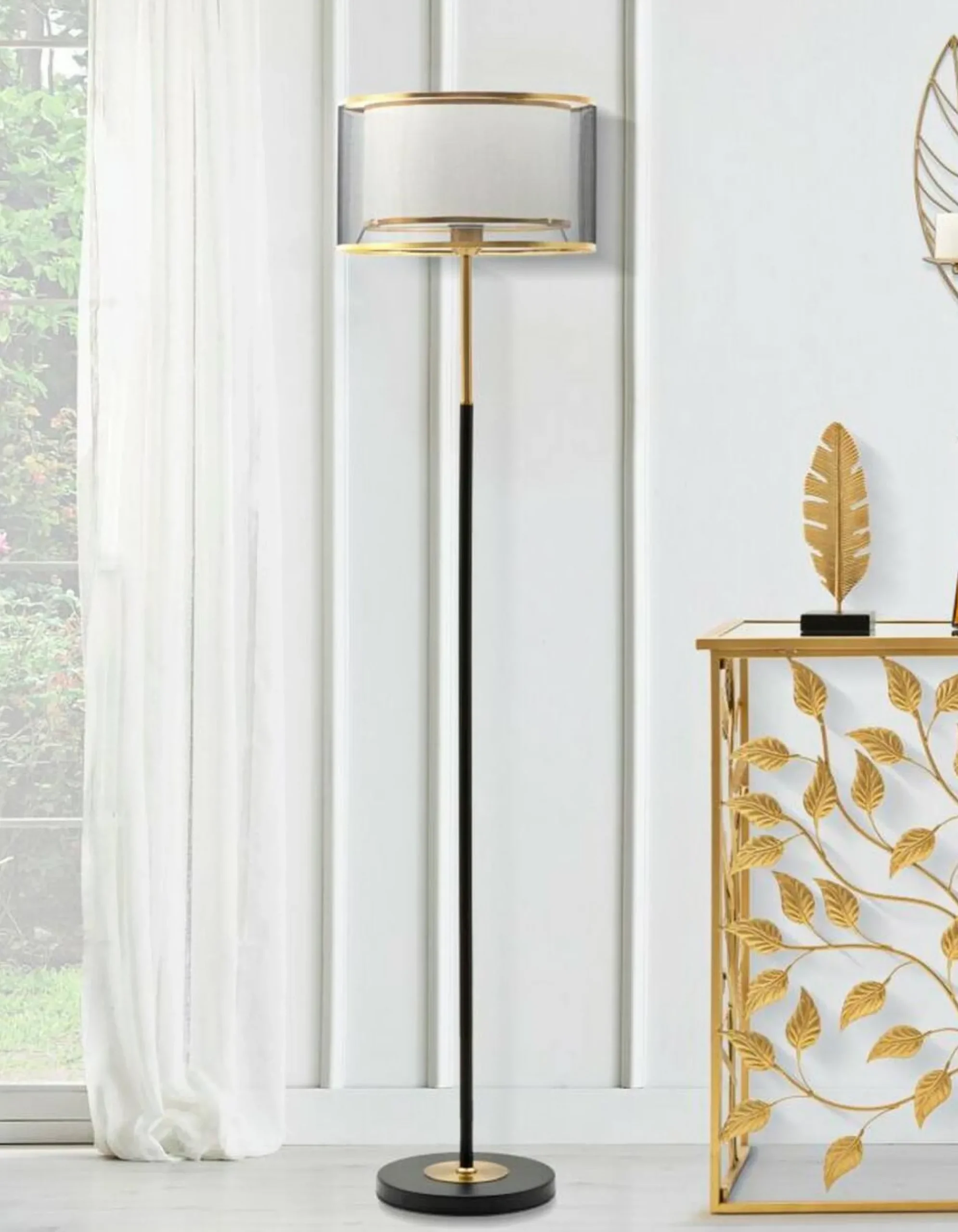 Lampada da terra Marouflage, 35x35 h153 cm, Nero e Oro<Dmora Store