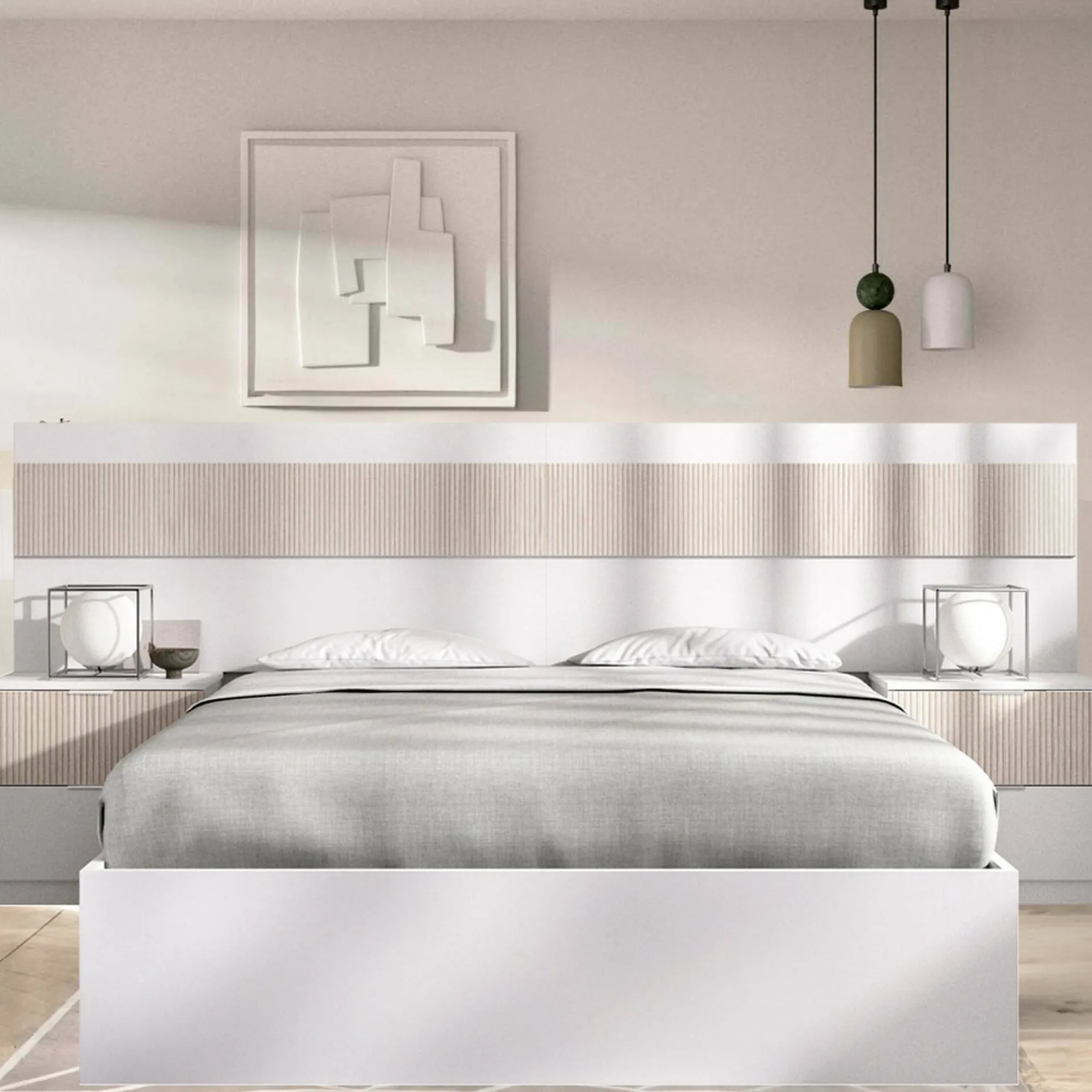 Letto alla francese Bonnie, 248x195 h96 cm, Bianco e Rovere<Dmora Hot