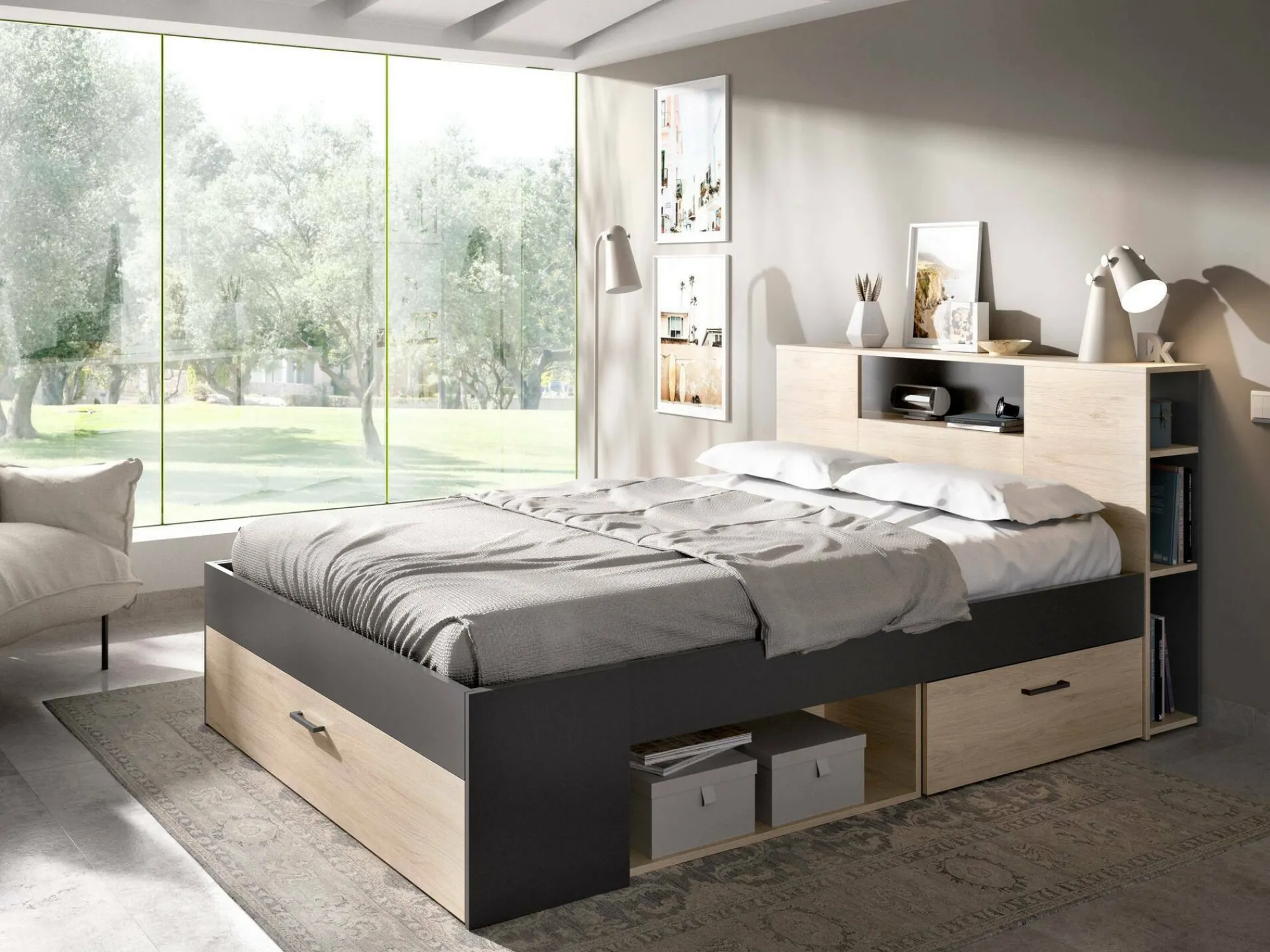Letto alla francese Conching, 150x219 h95 cm, Antracite e Rovere<Dmora Outlet