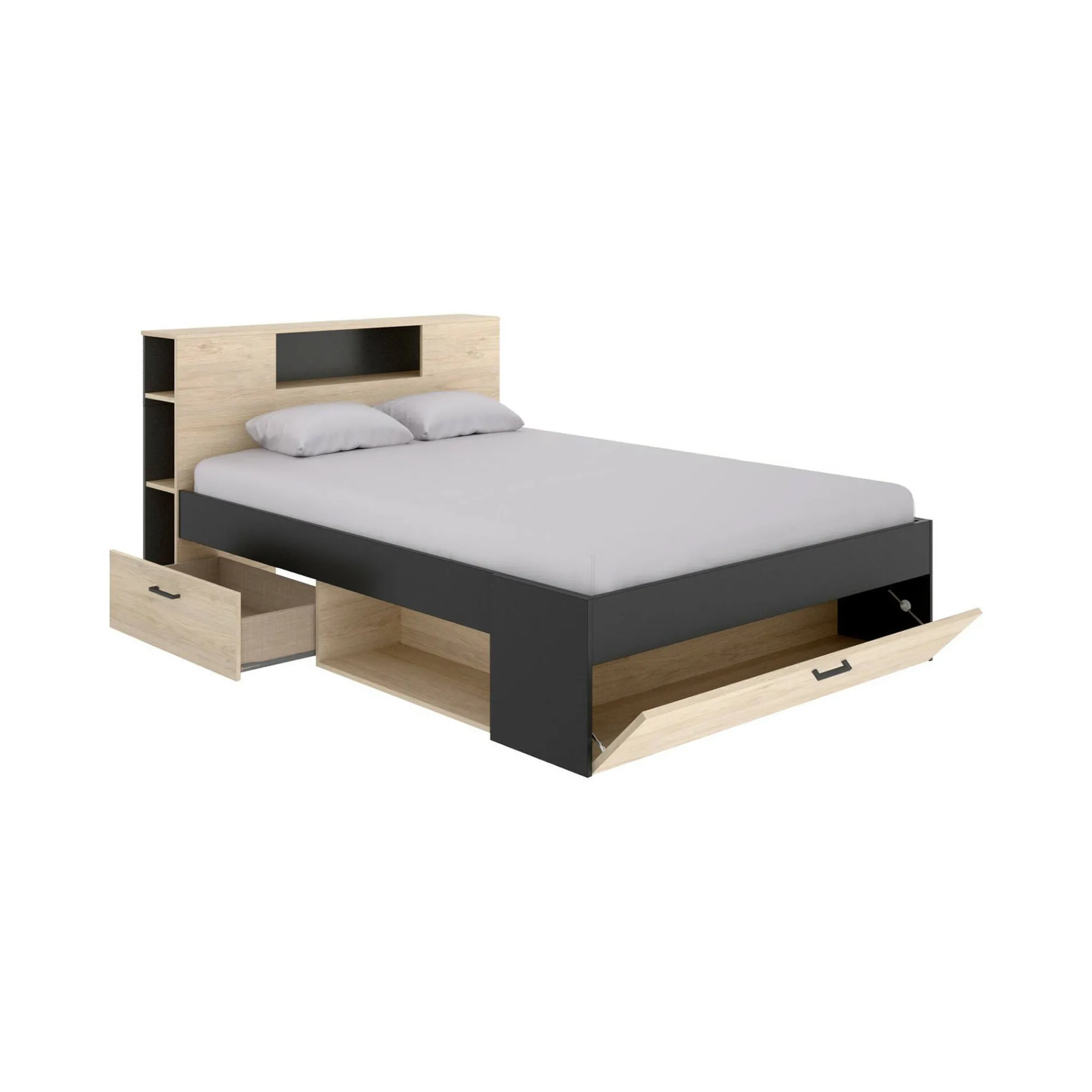 Letto alla francese Conching, 150x219 h95 cm, Antracite e Rovere<Dmora Outlet