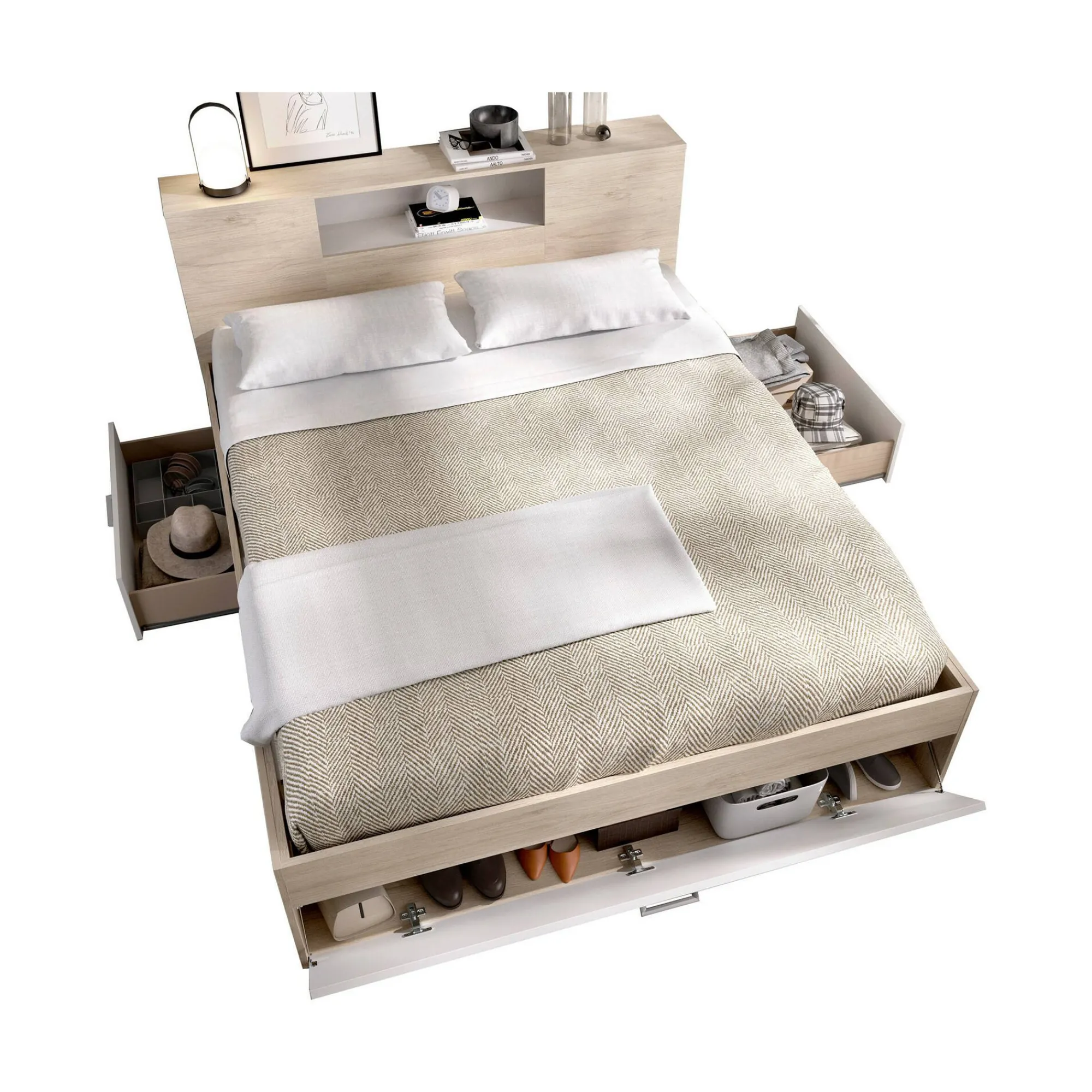 Letto alla francese Conching, 150x219 h95 cm, Bianco e Rovere<Dmora Fashion