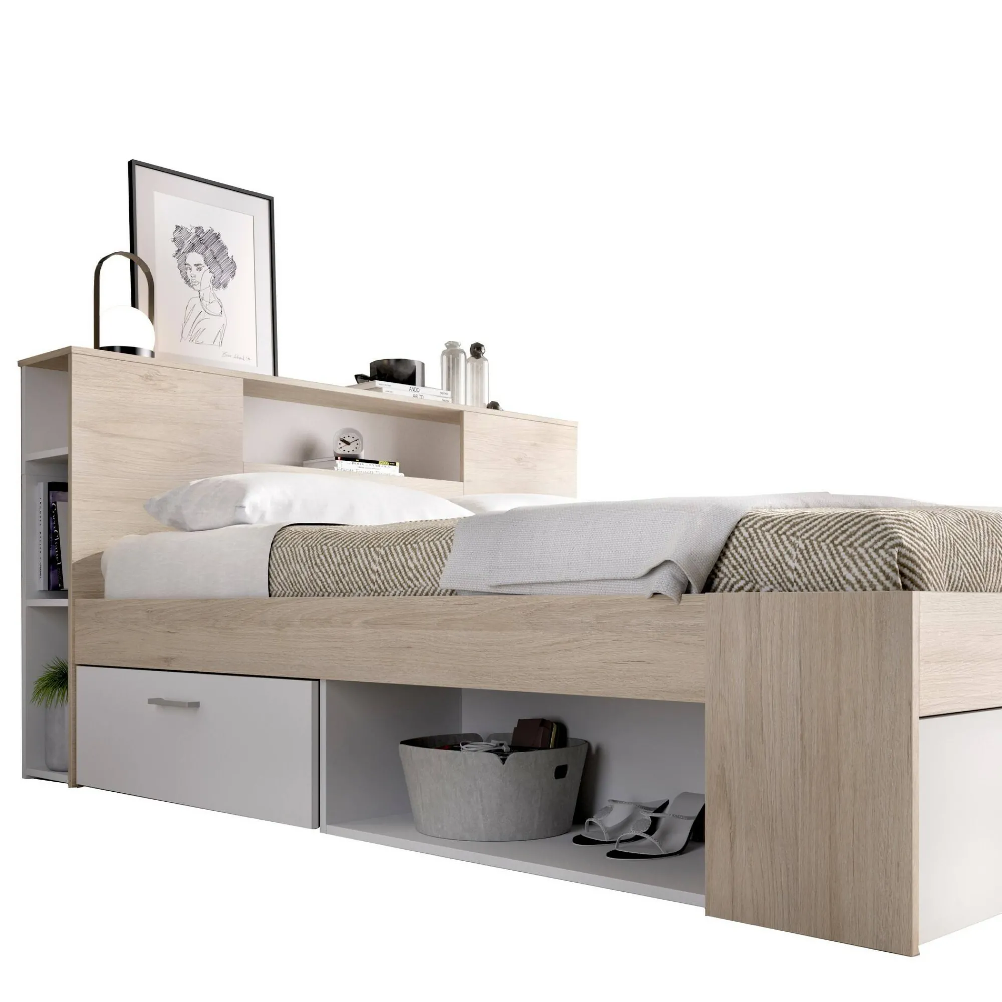 Letto alla francese Conching, 150x219 h95 cm, Bianco e Rovere<Dmora Fashion