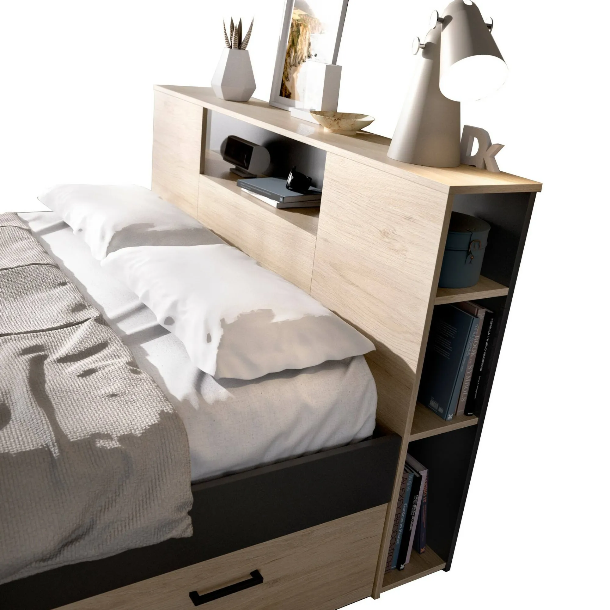 Letto alla francese Conching, 150x219 h95 cm, Antracite e Rovere<Dmora Outlet