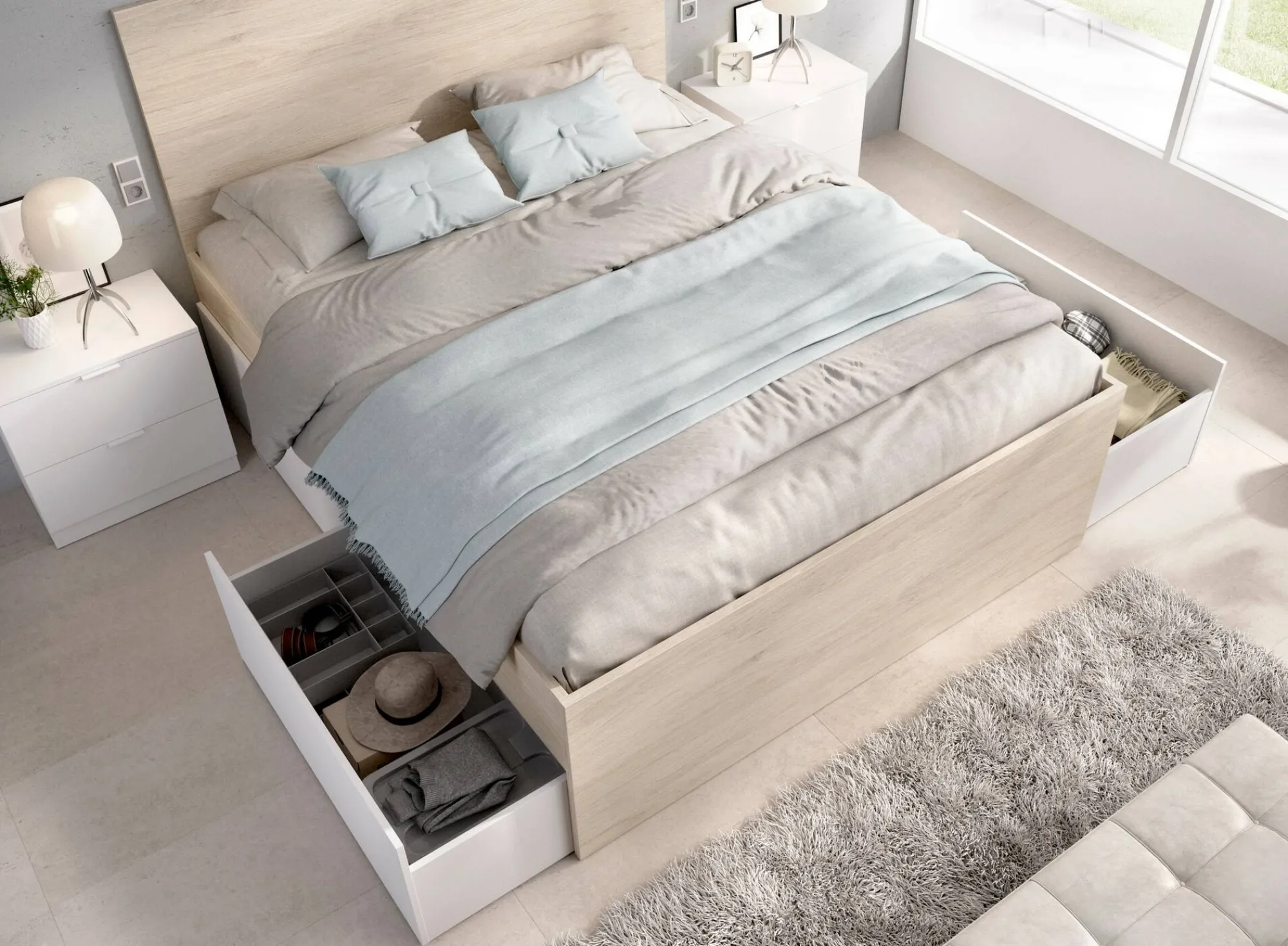 Letto alla francese Iona, 249x195 h100 cm, Bianco e Rovere<Dmora Hot