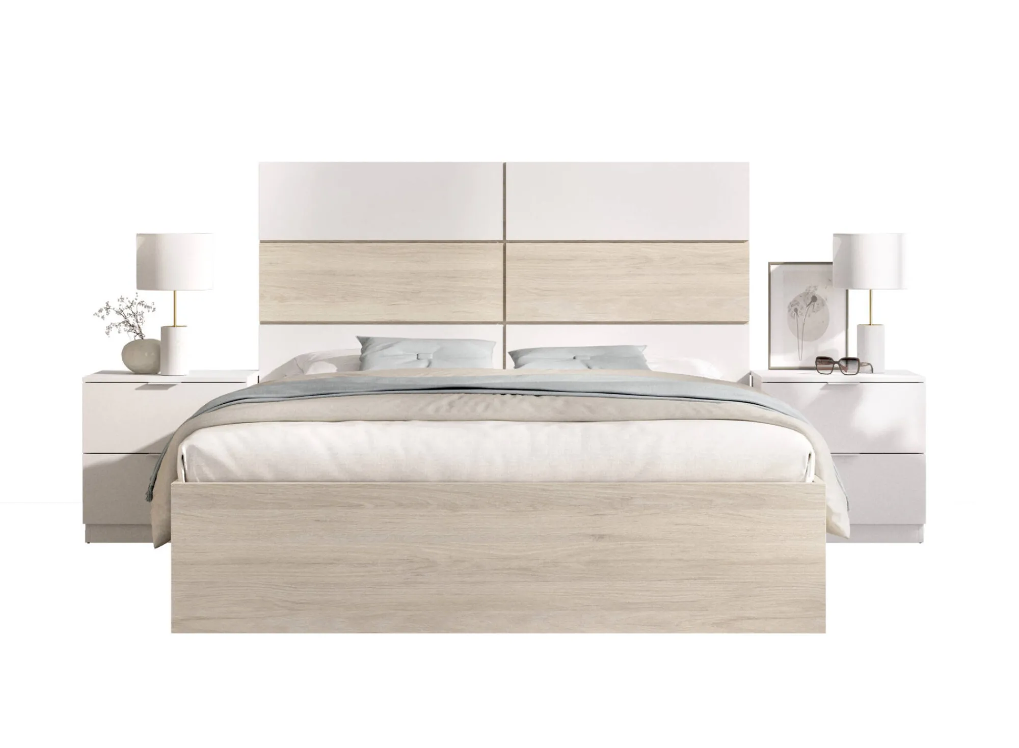 Letto matrimoniale Alina, 267x205 h122 cm, Bianco e Rovere<Dmora Sale