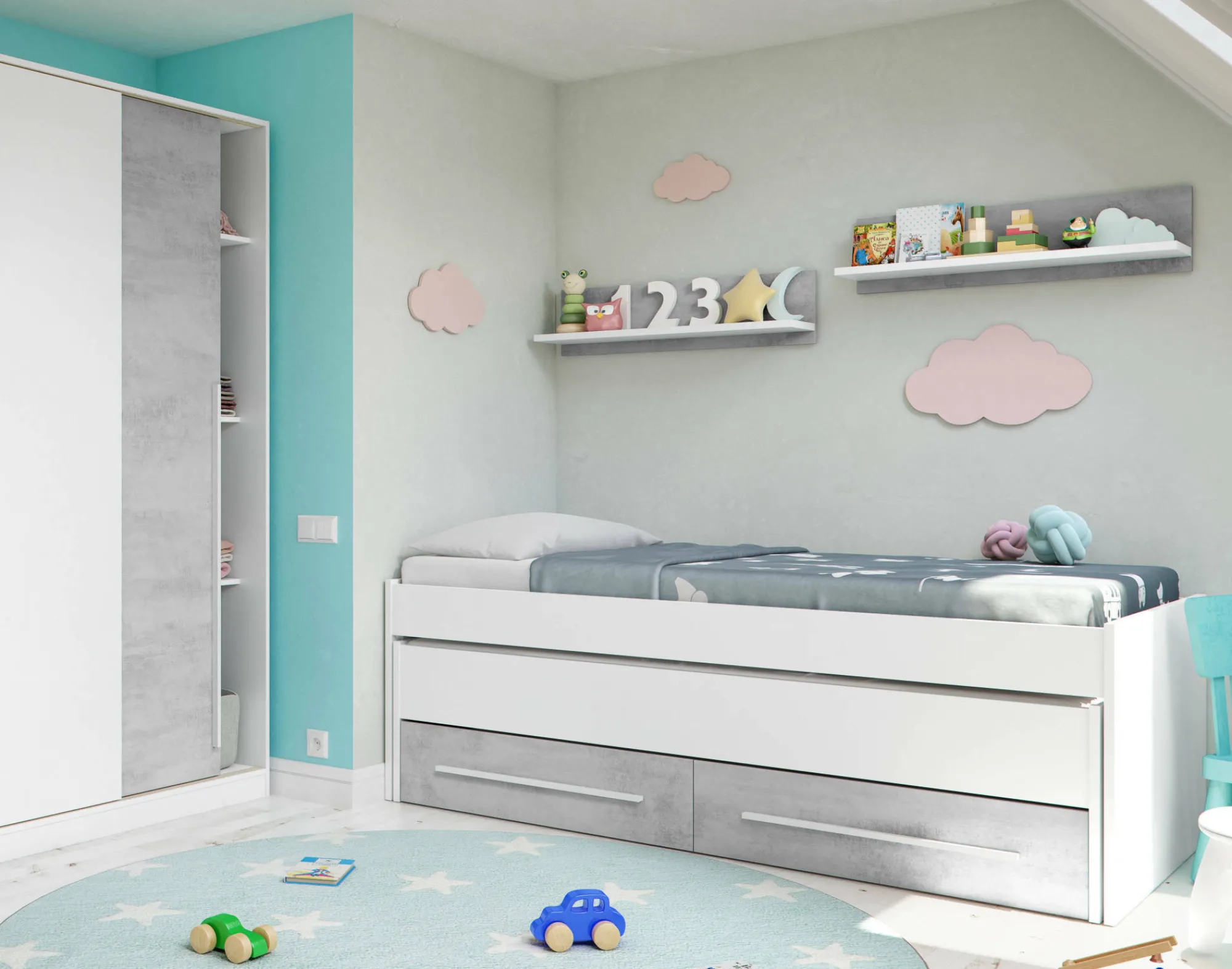 Letto per bambini Asi, 199x96h65 cm, Bianco e Cemento<Dmora Fashion