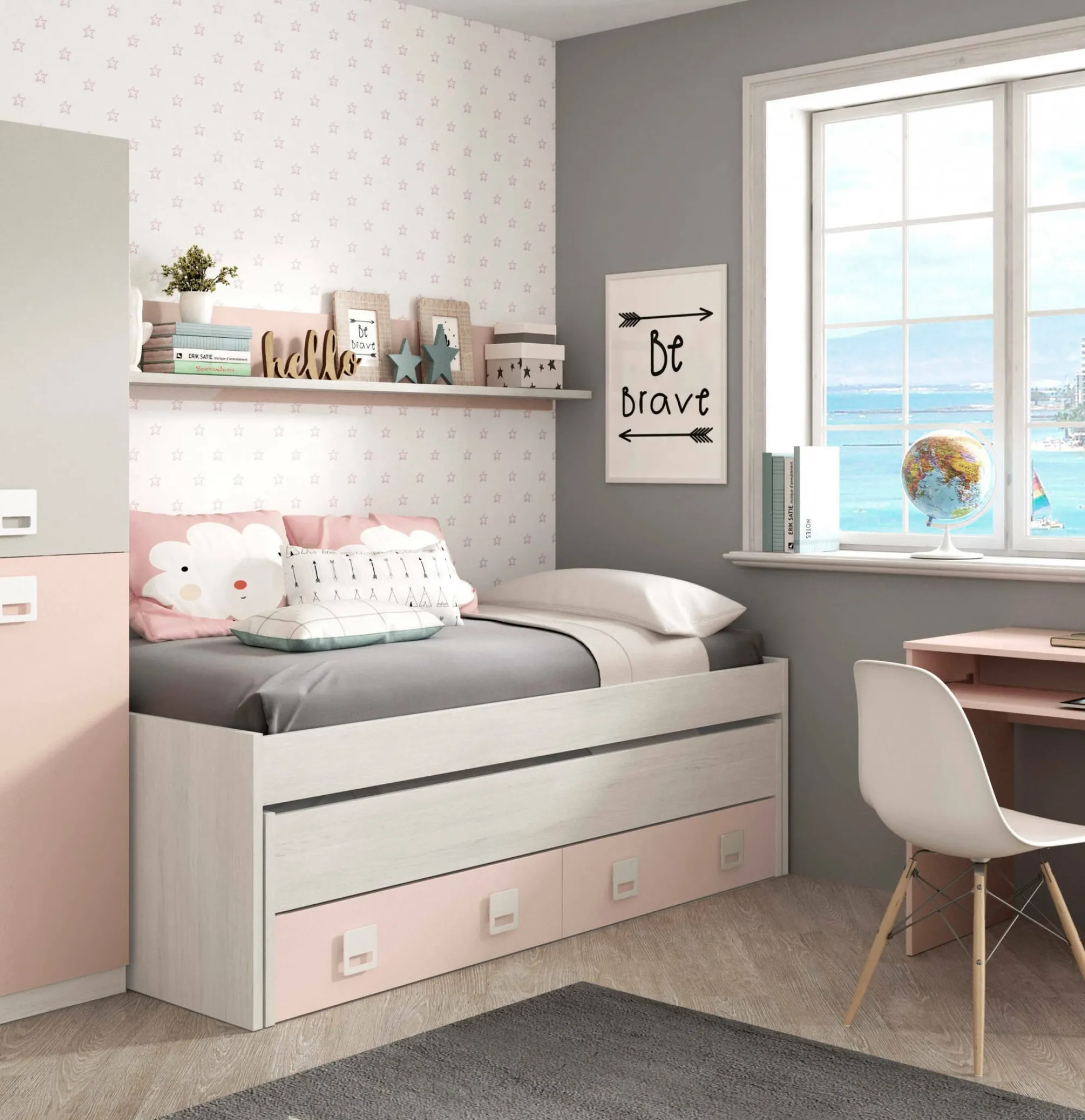 Letto per bambini Asi, 199x96h65 cm, Bianco e Rosa<Dmora Store