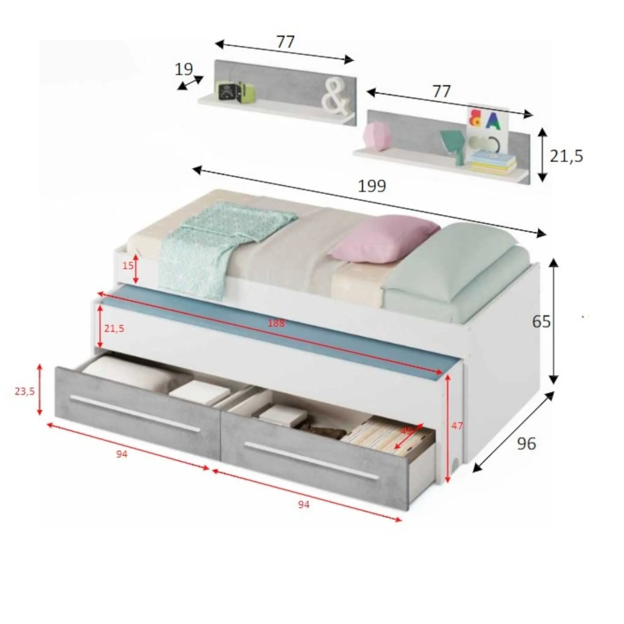 Letto per bambini Asi, 199x96h65 cm, Bianco e Cemento<Dmora Fashion