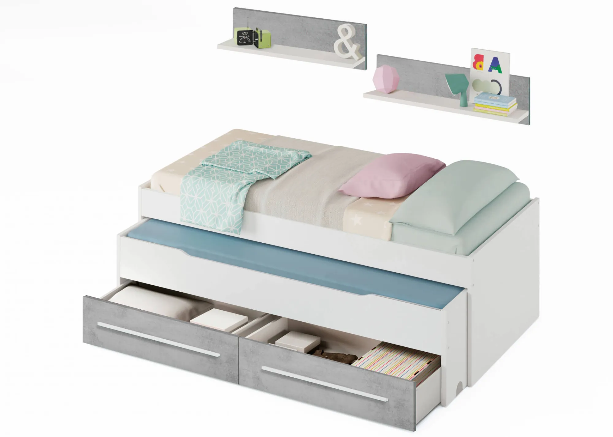 Letto per bambini Asi, 199x96h65 cm, Bianco e Cemento<Dmora Fashion