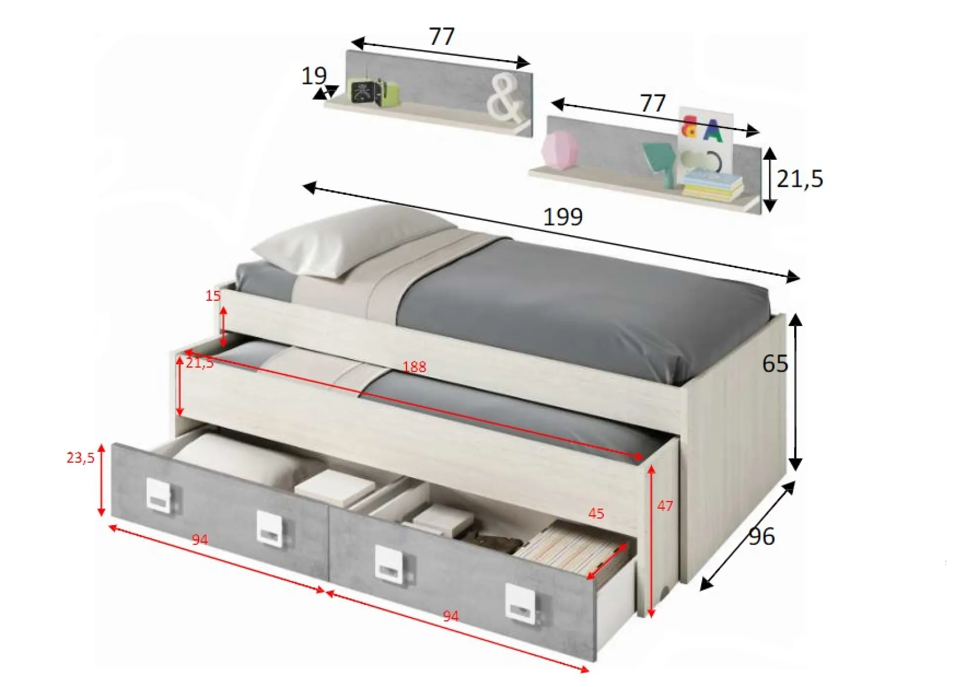Letto per bambini Balzola, 199x96h65, Bianco e Cemento<Dmora Best Sale