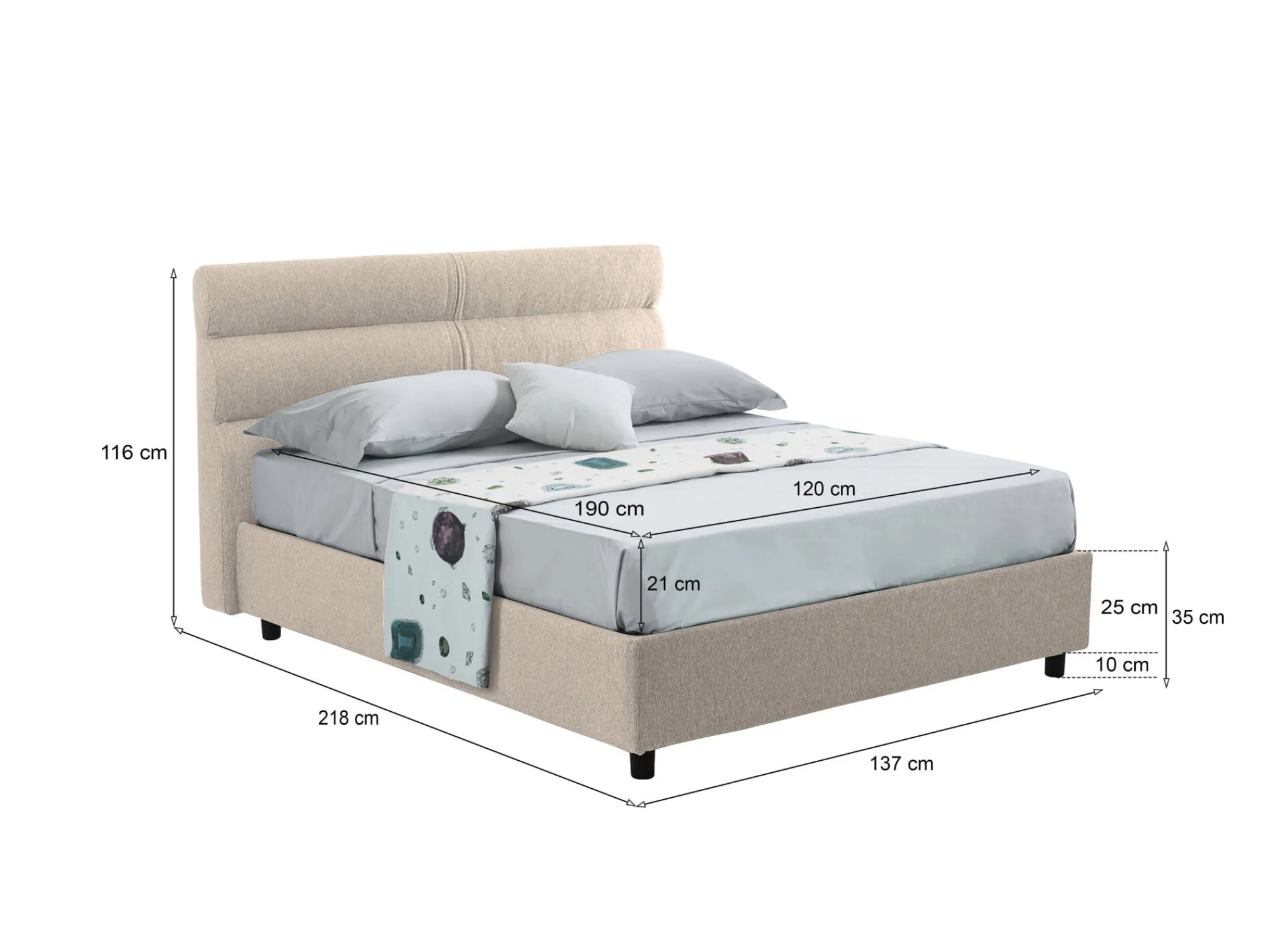 Letto piazza e mezza Briosco, Con materasso Cm 120x190 incluso,<Dmora Fashion