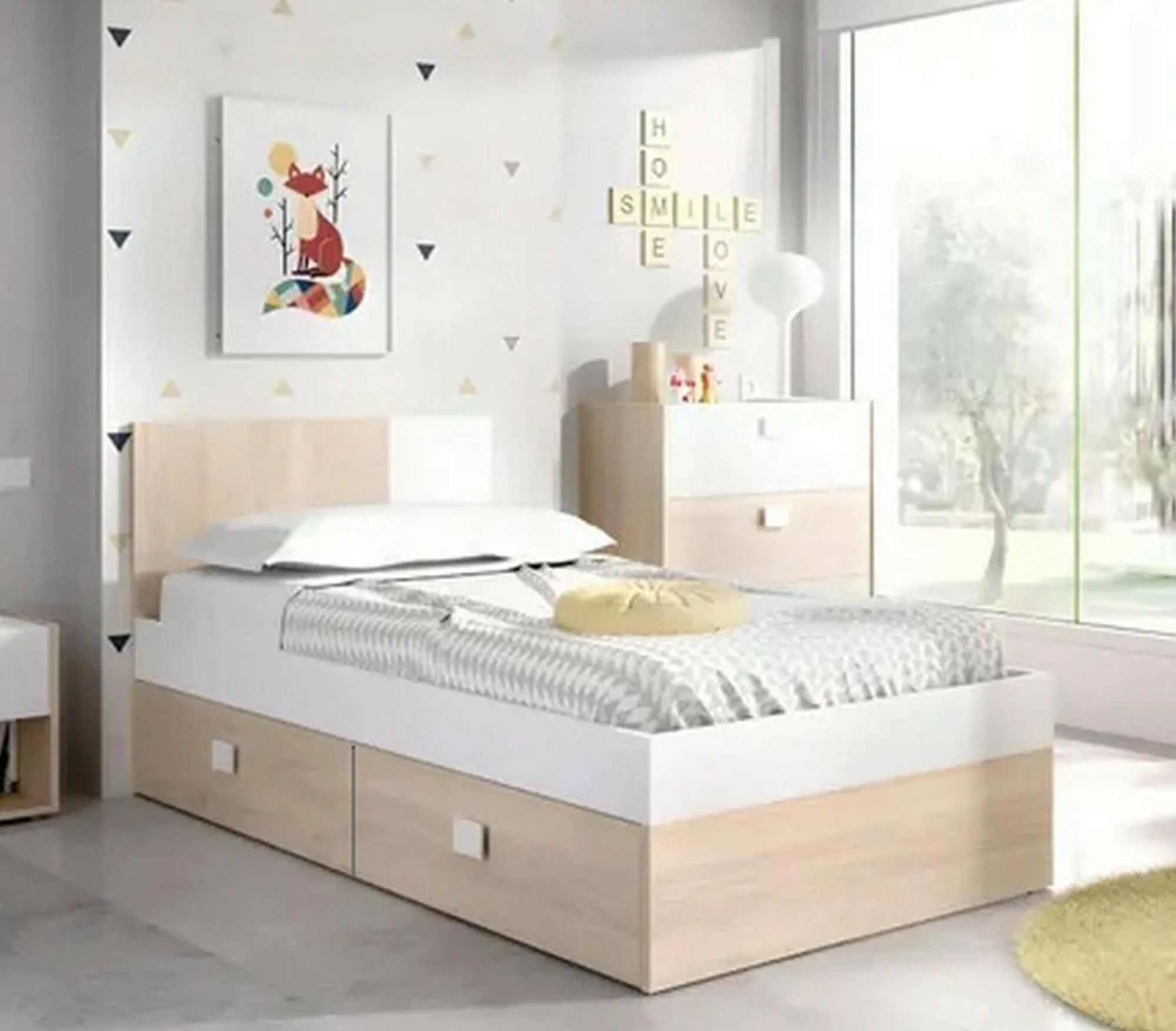 Letto singolo Rashmi, 97x196 h79 cm, Bianco e Rovere<Dmora Store