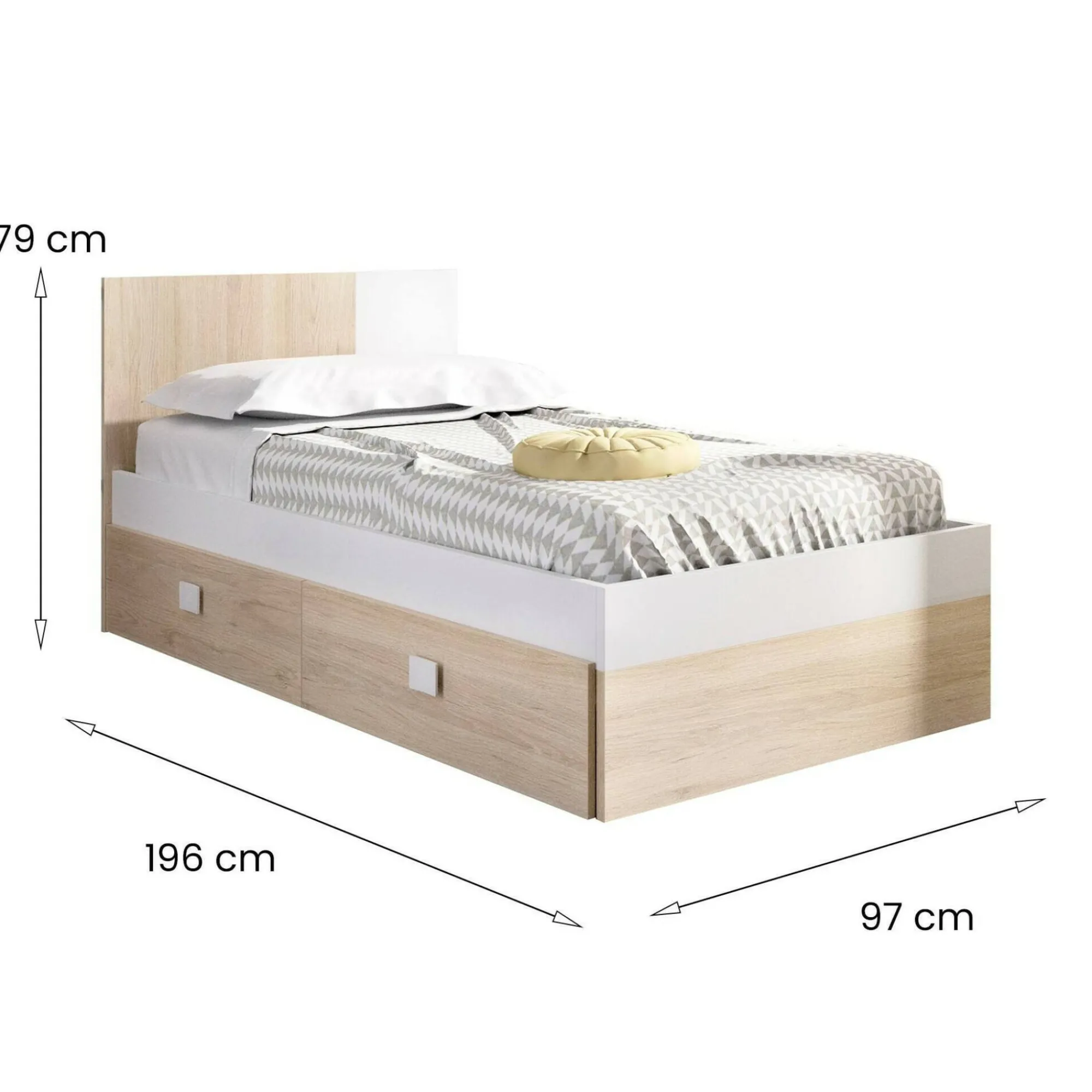 Letto singolo Rashmi, 97x196 h79 cm, Bianco e Rovere<Dmora Store