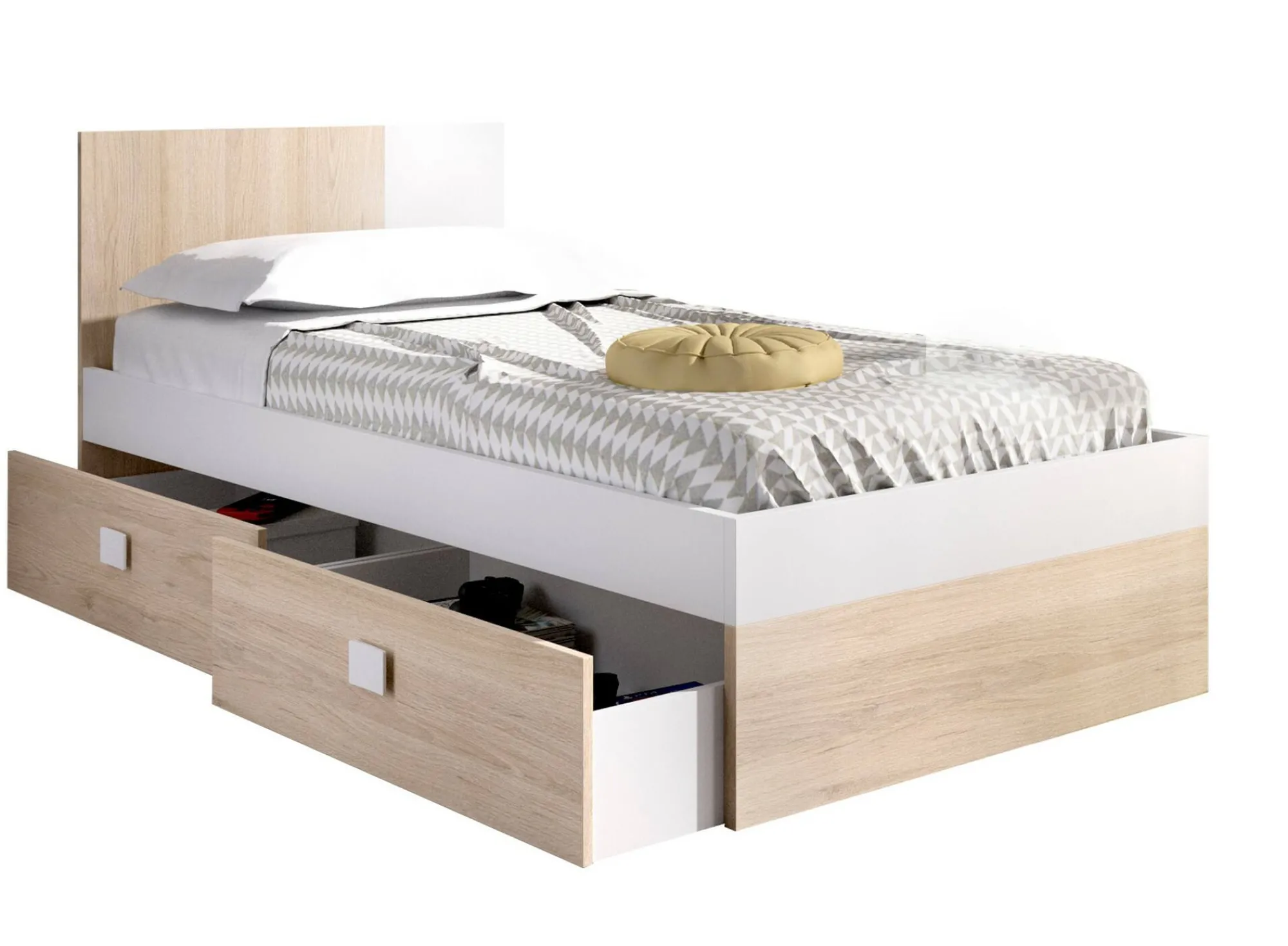 Letto singolo Rashmi, 97x196 h79 cm, Bianco e Rovere<Dmora Store