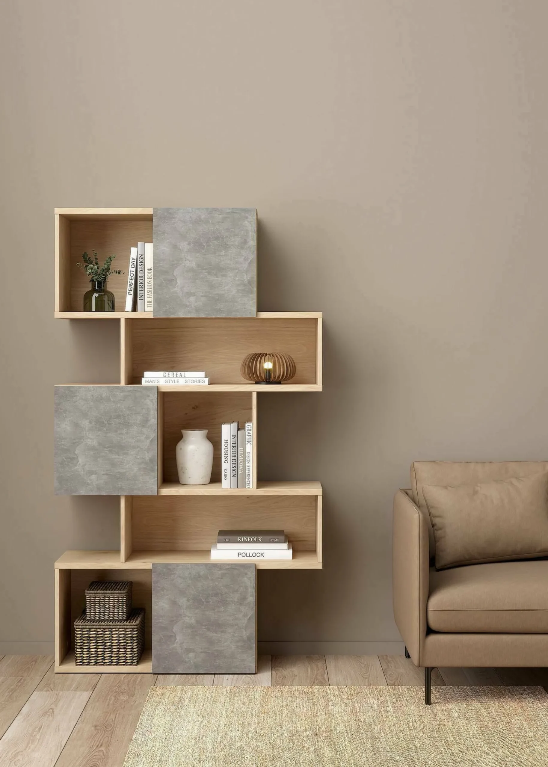 Libreria Acetosella, 32x96 h166 cm, Rovere e Cemento<Dmora Fashion