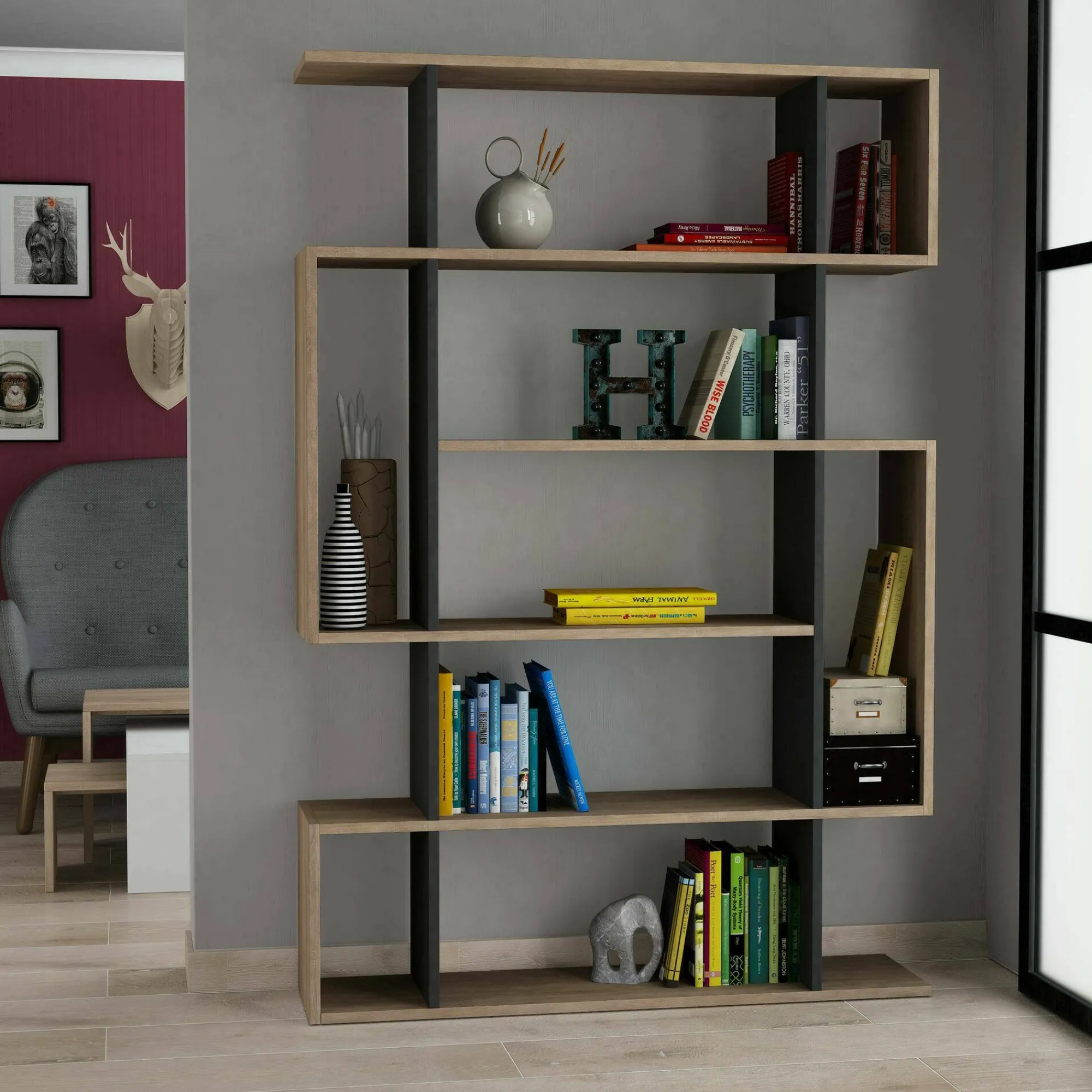 Libreria Agamermis, 110x26h161 cm, Quercia e Antracite<Dmora Flash Sale