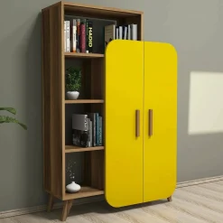 Libreria Agni, 90x32 h132 cm, Noce e Giallo<Dmora Hot