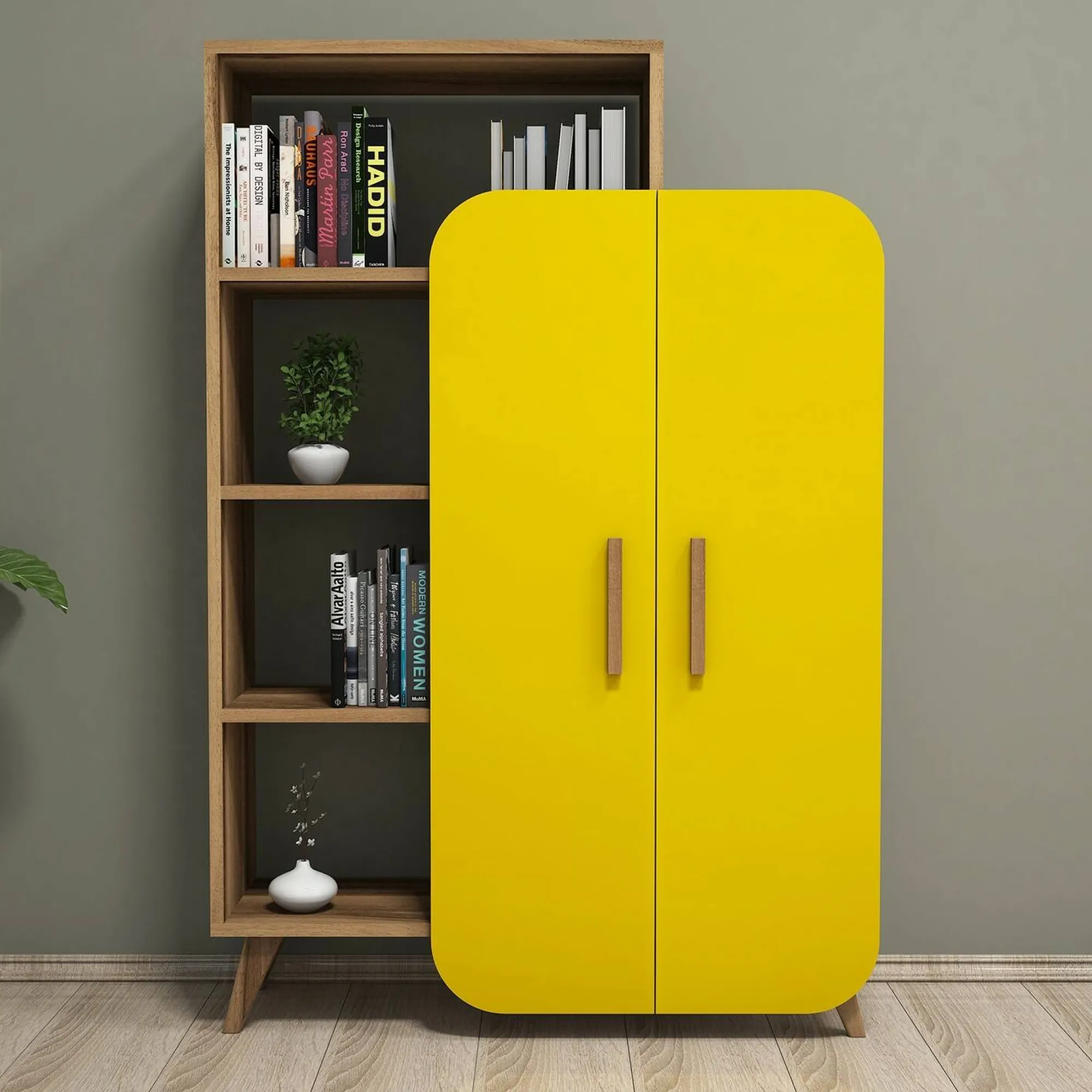Libreria Agni, 90x32 h132 cm, Noce e Giallo<Dmora Hot