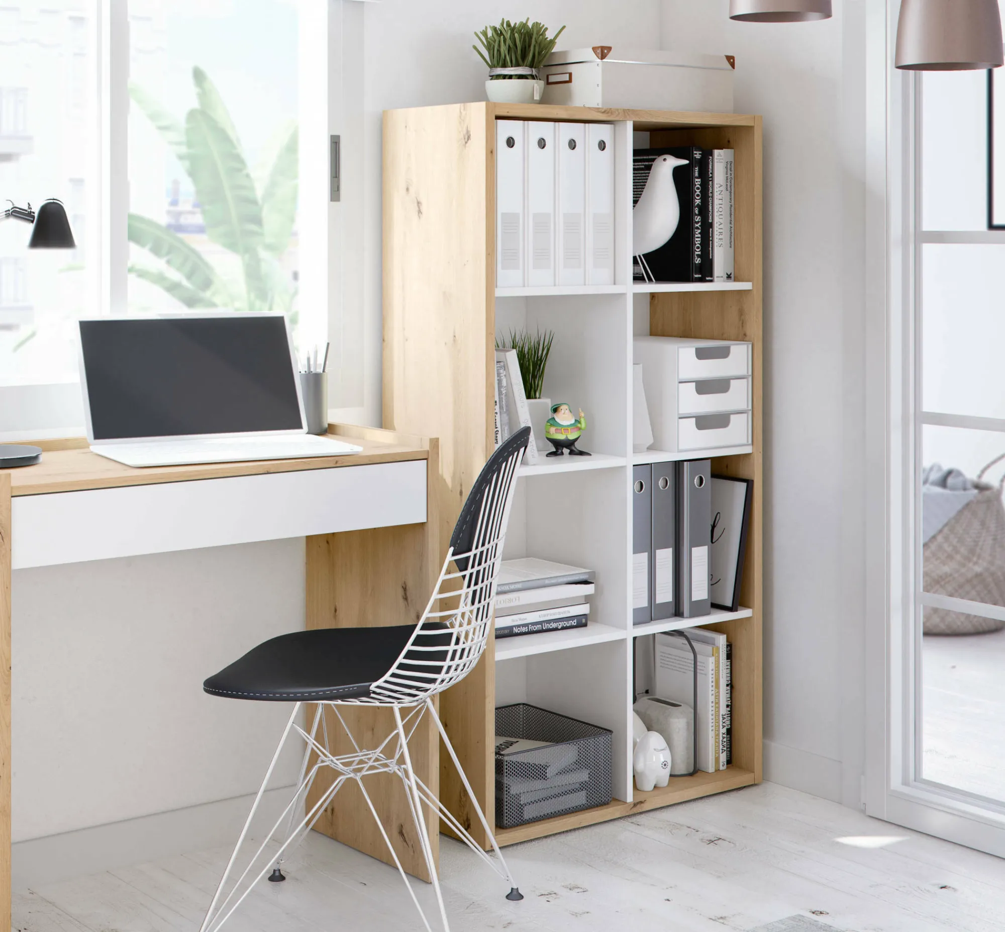 Libreria Alliers, 72x33h137 cm, Rovere effetto nodi e Bianco<Dmora Outlet
