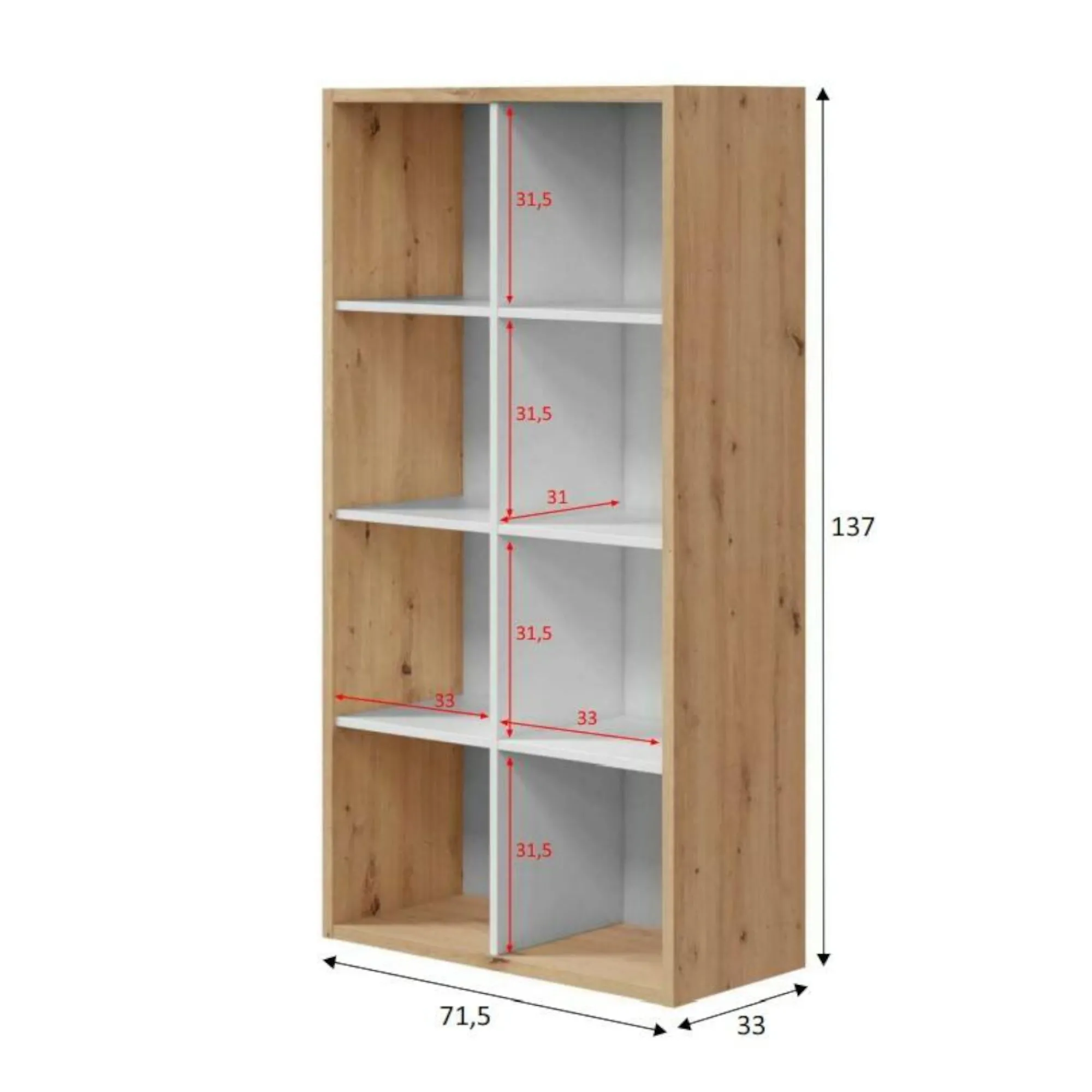 Libreria Alliers, 72x33h137 cm, Rovere effetto nodi e Bianco<Dmora Outlet