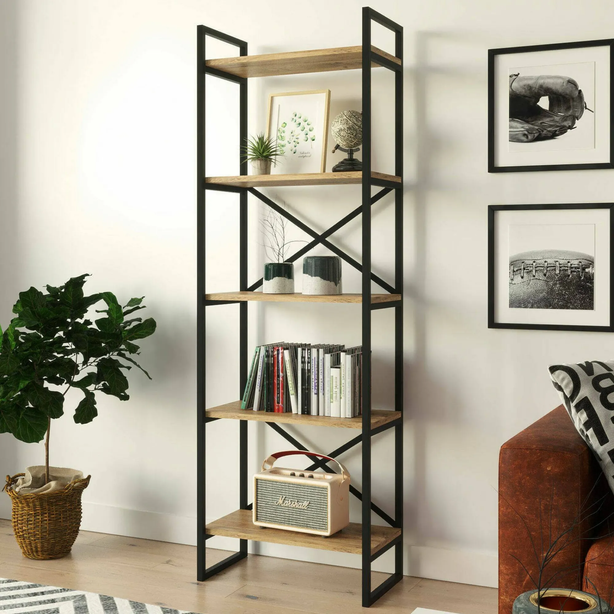 Libreria Arbus, 58x30h175 cm, Quercia e Nero<Dmora Best