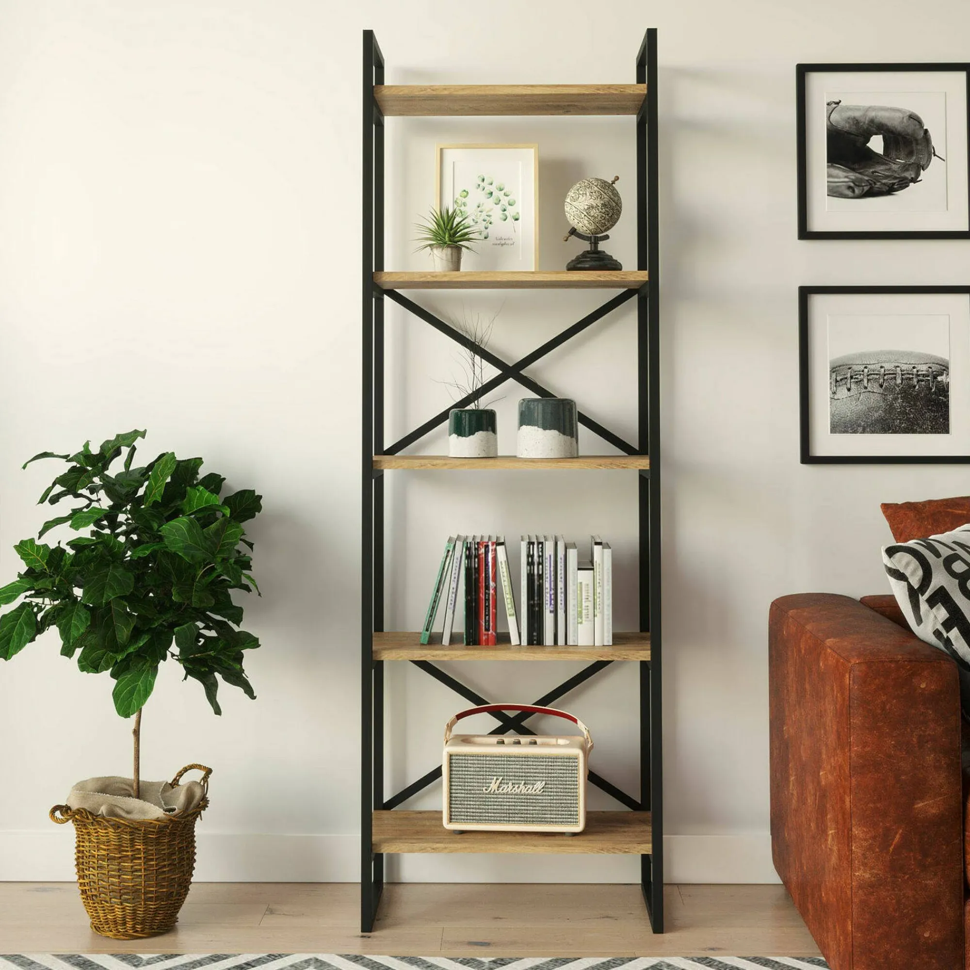 Libreria Arbus, 58x30h175 cm, Quercia e Nero<Dmora Best