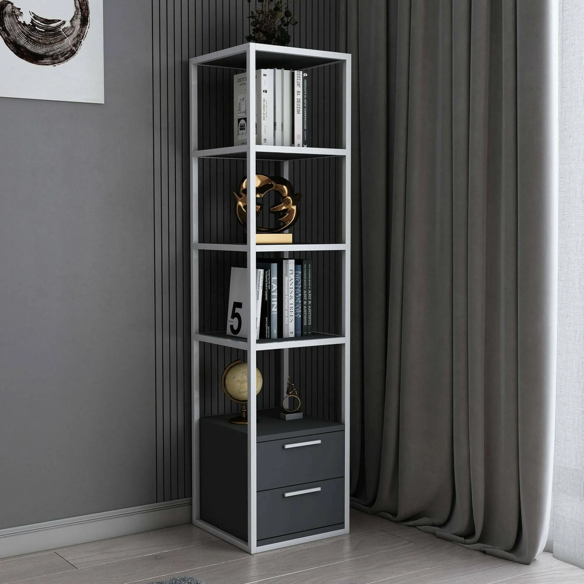 Libreria Arsim, 39x39h169 cm, Bianco e Antracite<Dmora Clearance