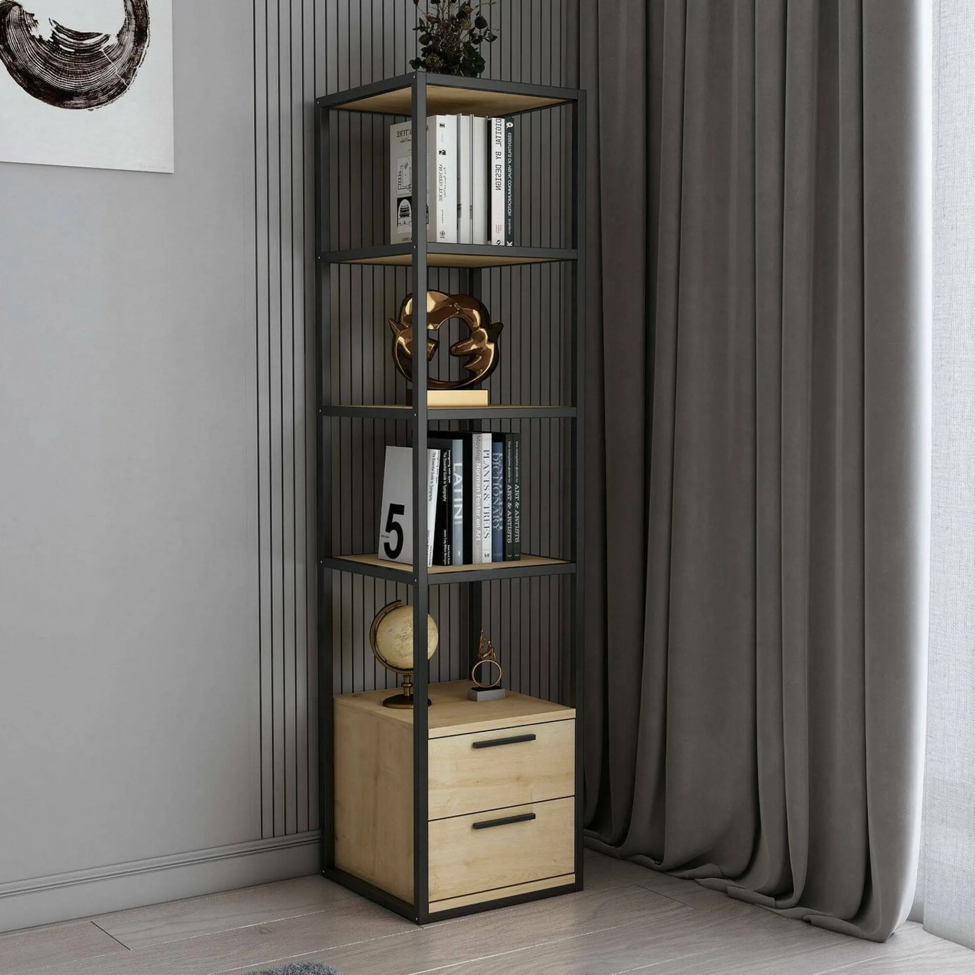 Libreria Arsim, 39x39h169 cm, Nero e Quercia<Dmora New