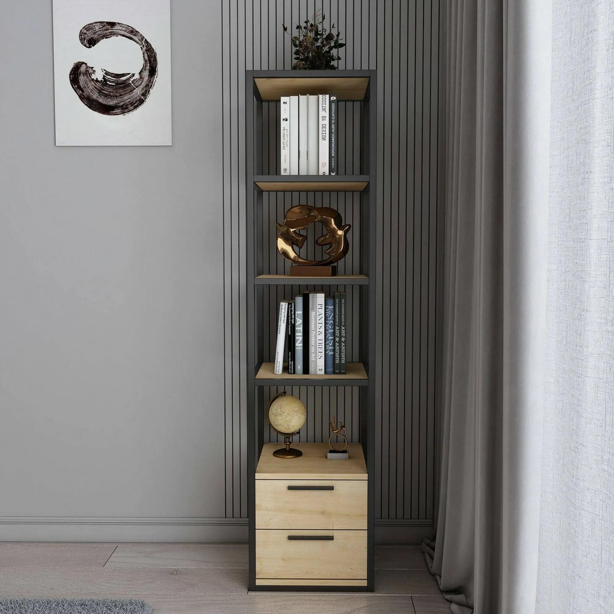 Libreria Arsim, 39x39h169 cm, Nero e Quercia<Dmora New