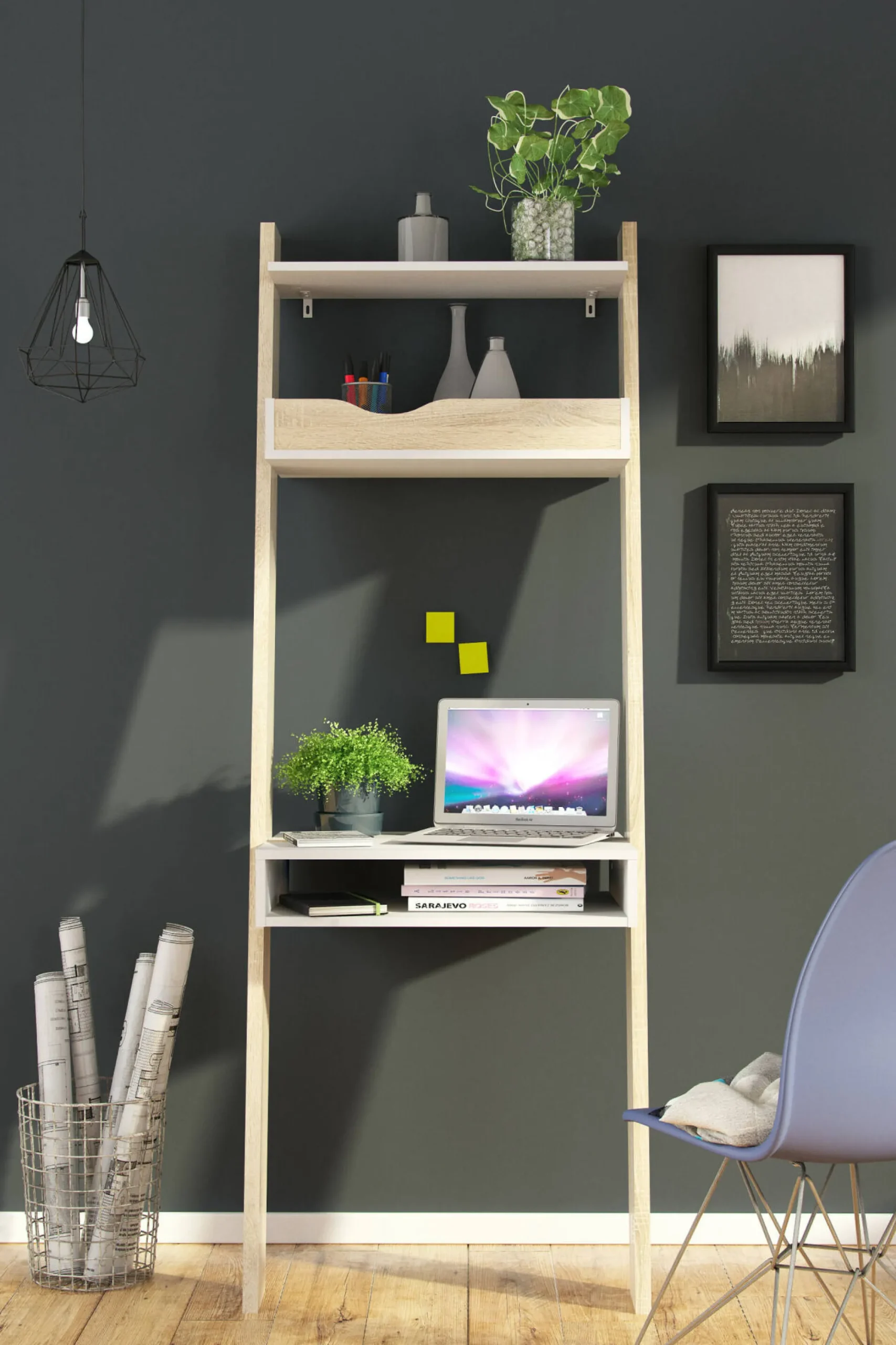 Libreria Aviv, 65x48 h180 cm, Bianco e Quercia<Dmora Outlet