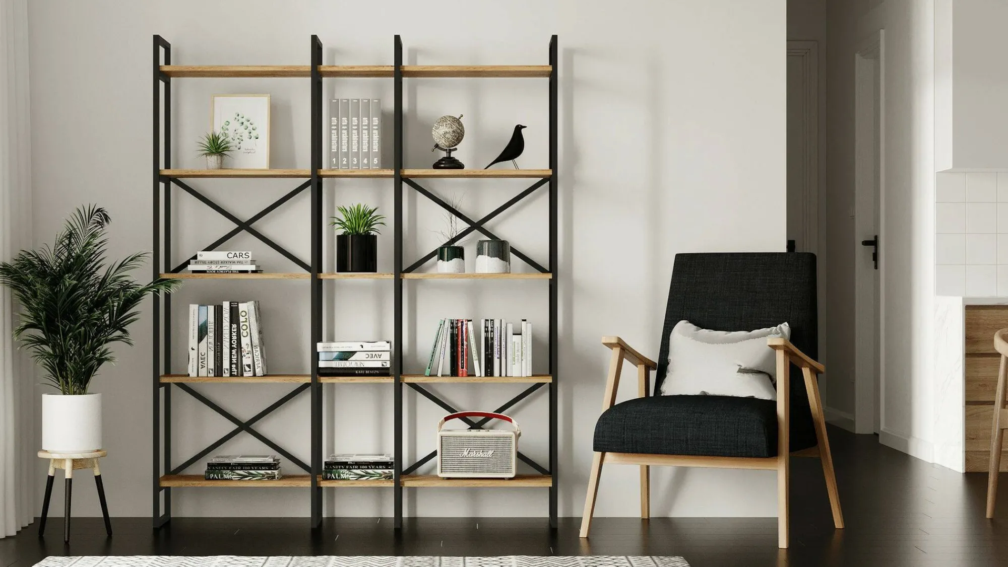 Libreria Berna, 144x30h175 cm, Quercia e Nero<Dmora Cheap