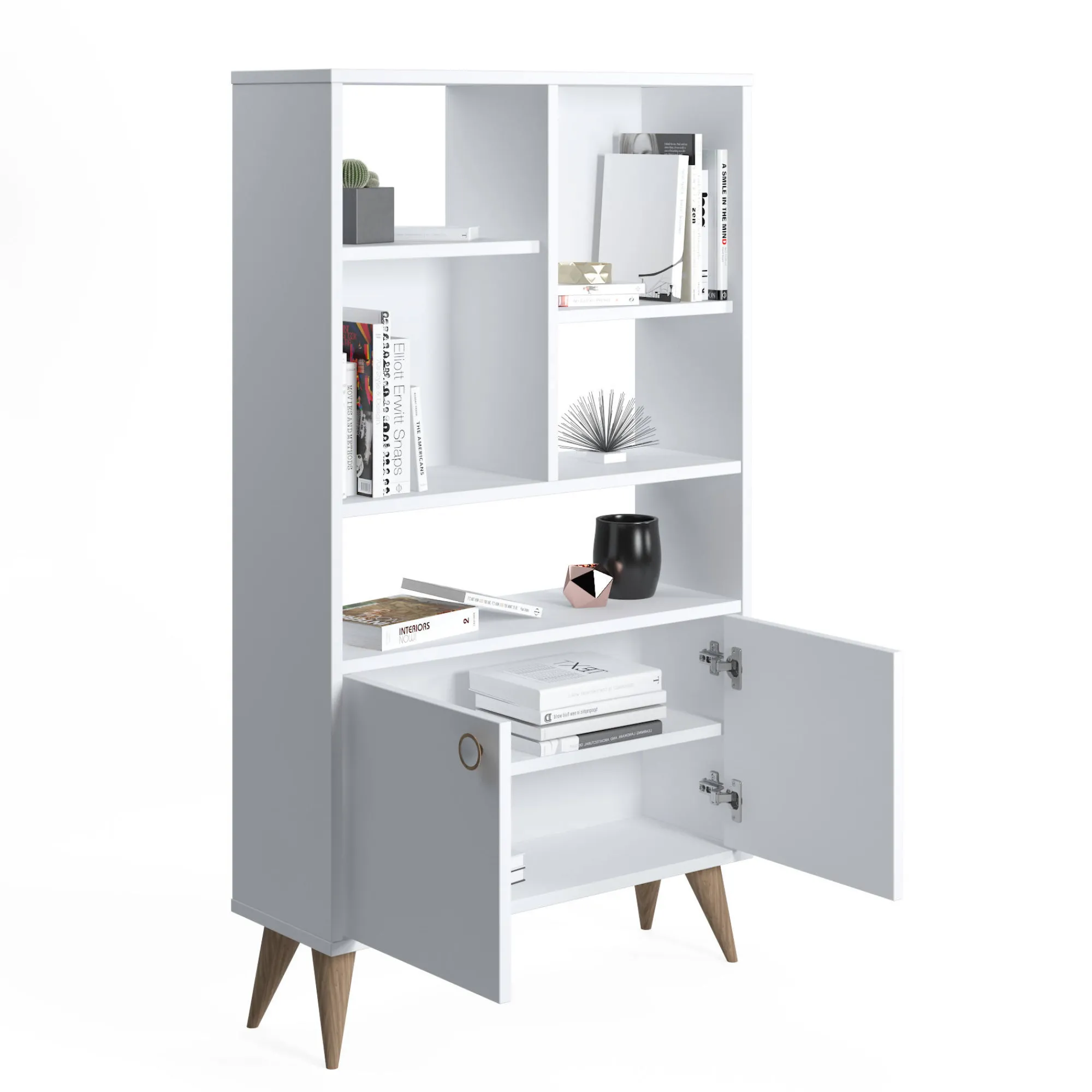 Libreria con due ante battenti e cinque scomparti aperti, cm 75 x 25 x 131, colore<Dmora Fashion