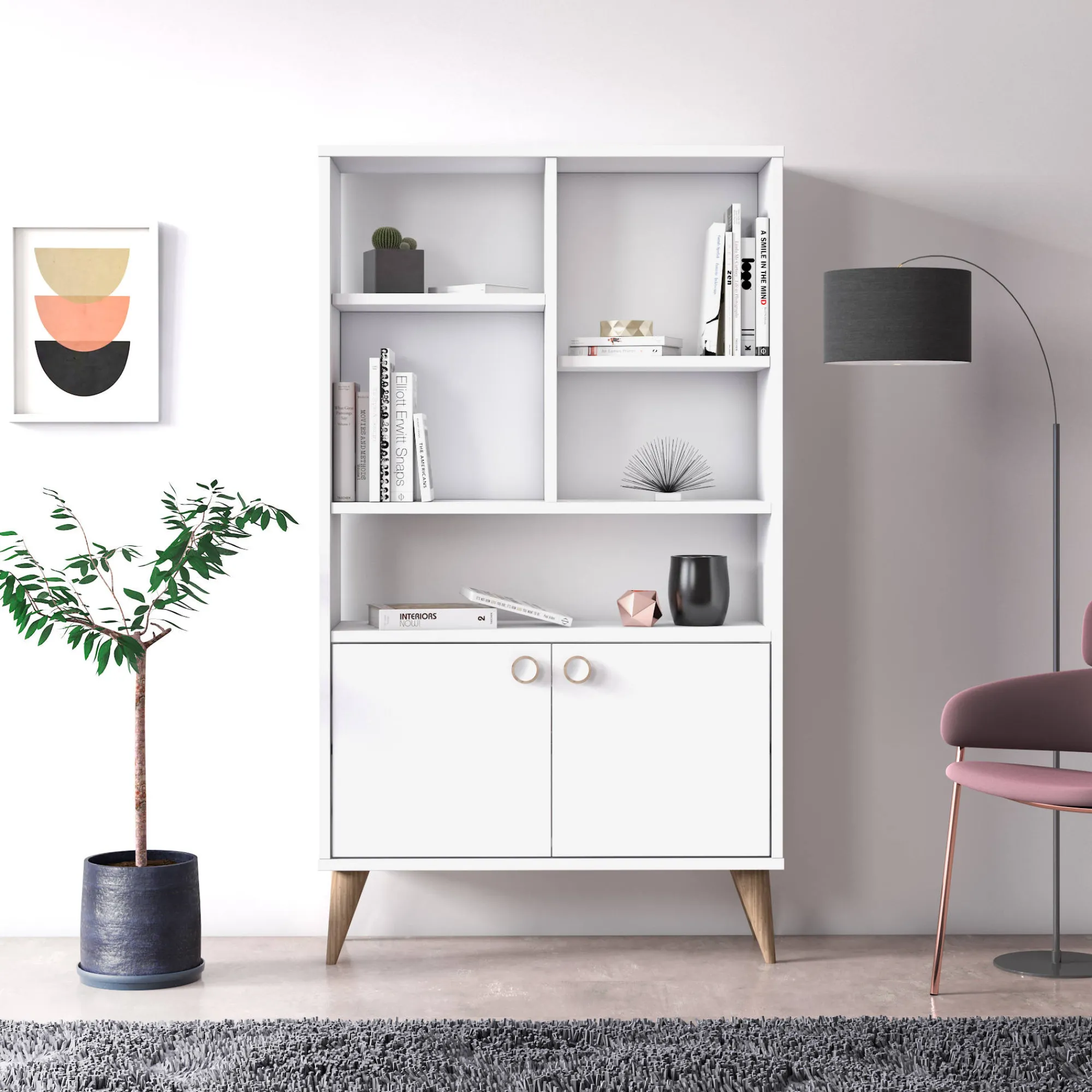 Libreria con due ante battenti e cinque scomparti aperti, cm 75 x 25 x 131, colore<Dmora Fashion
