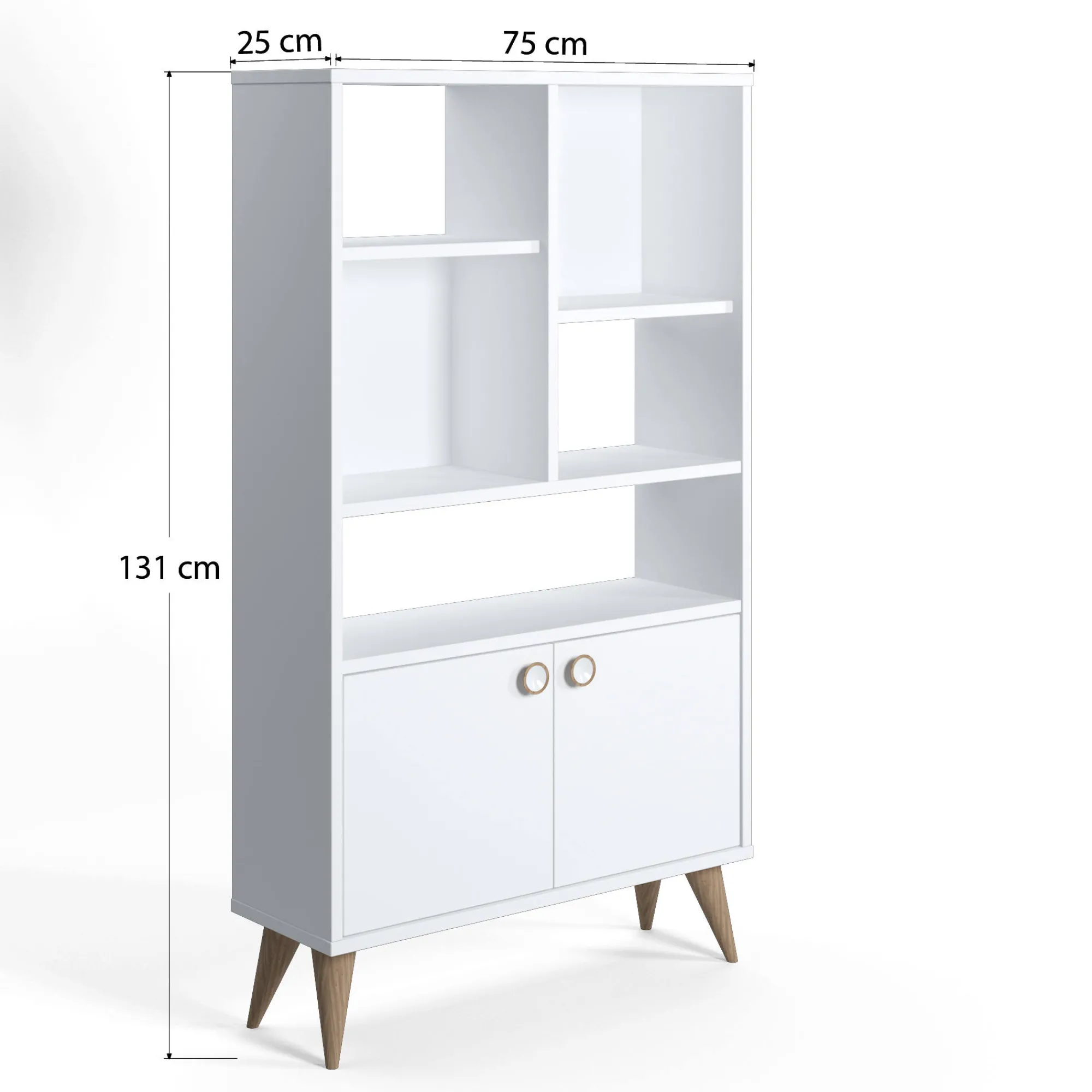 Libreria con due ante battenti e cinque scomparti aperti, cm 75 x 25 x 131, colore<Dmora Fashion