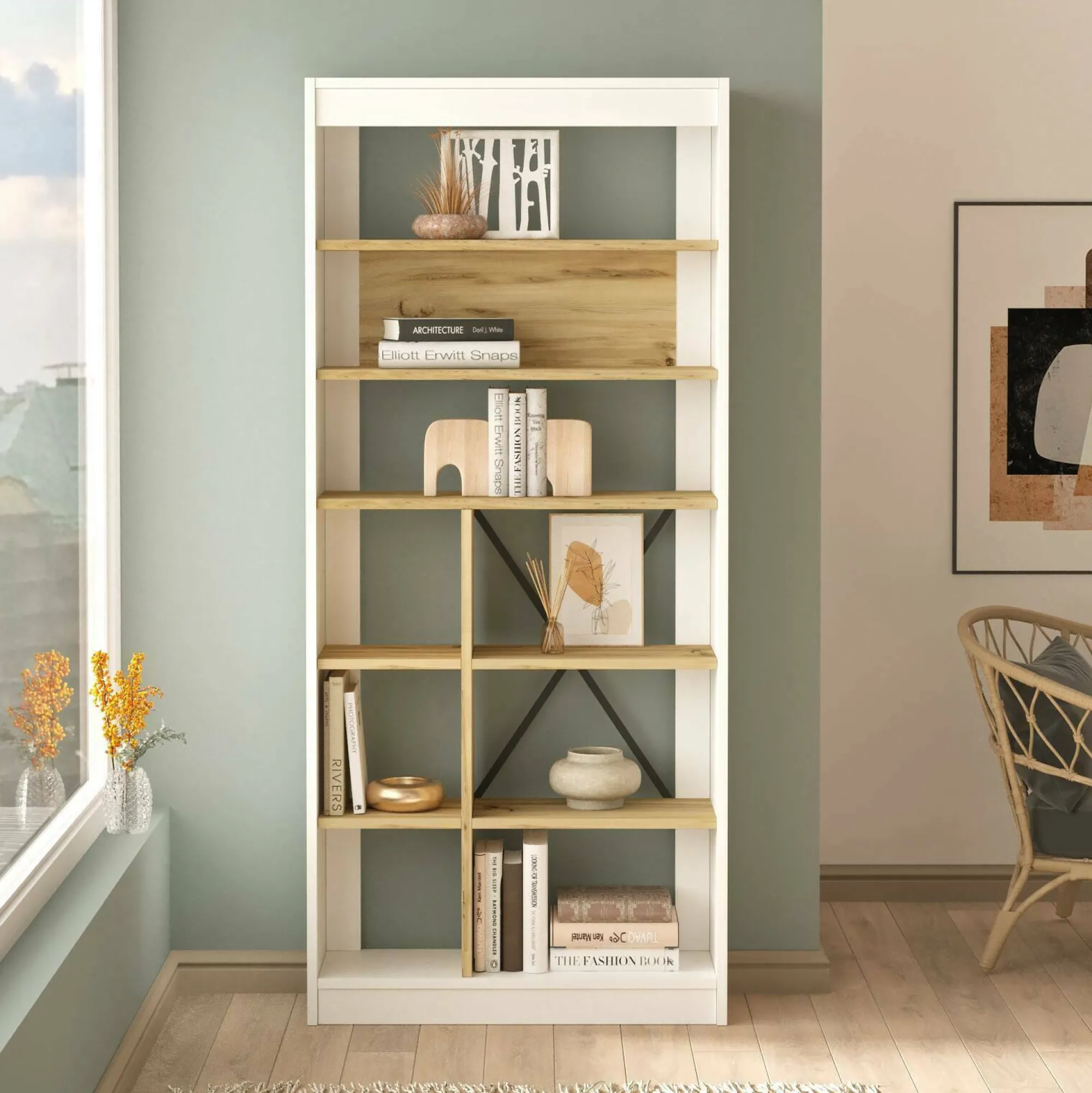 Libreria Emong, 76x25 h170 cm, Quercia e Bianco<Dmora Outlet