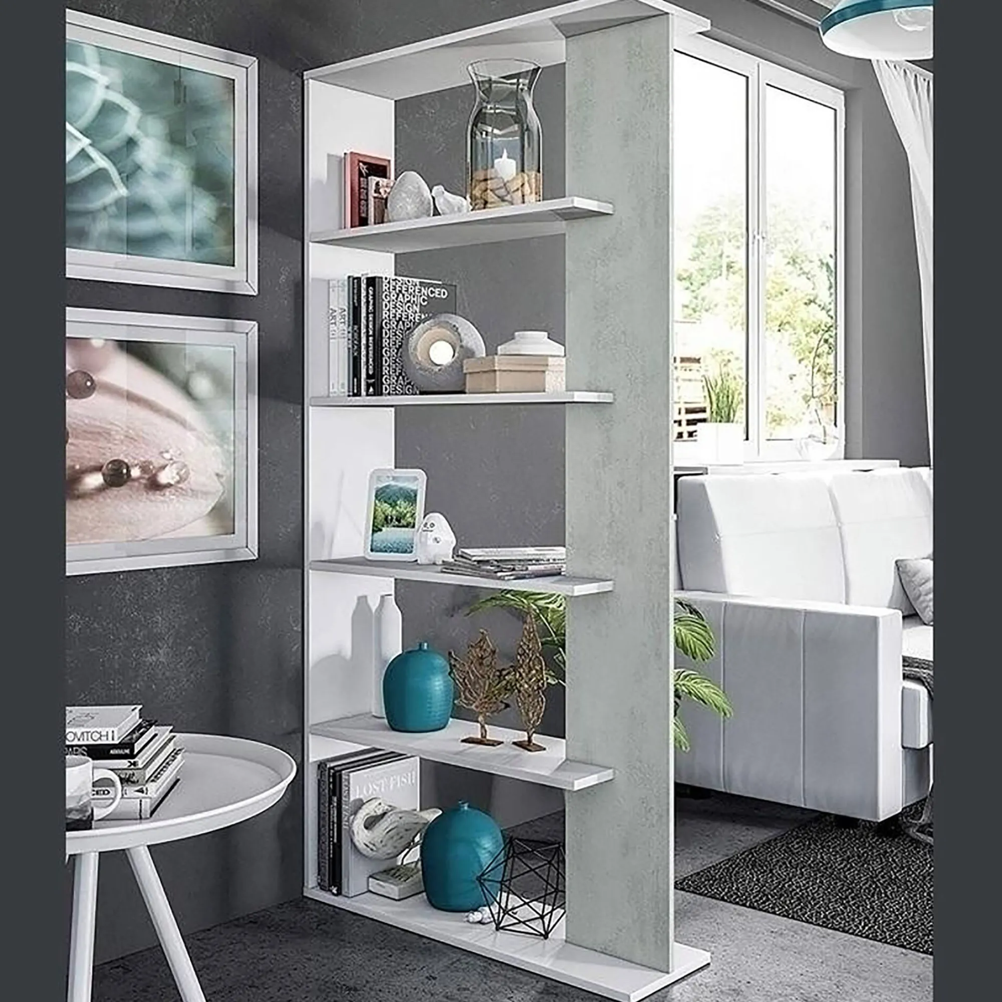 Libreria Eolo, 90x25h180 cm, Bianco e Cemento<Dmora Best Sale