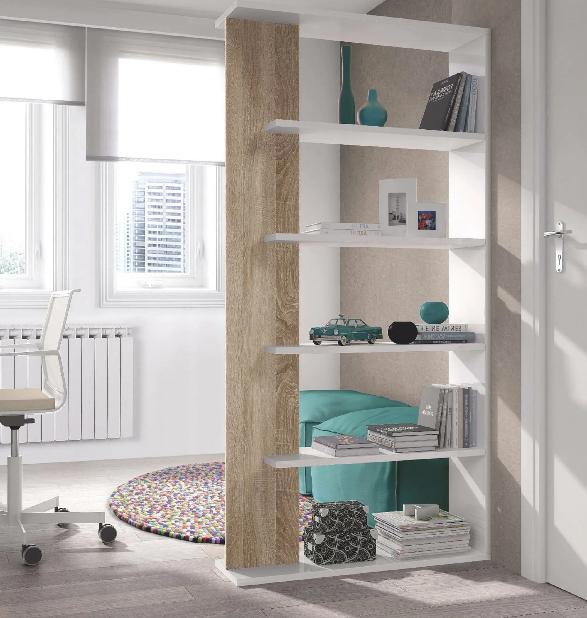 Libreria Eolo, 90x25h180 cm, Bianco e Rovere<Dmora Best Sale
