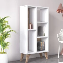Libreria essenziale con cinque scomparti aperti di diverse misure, cm 55 x 25 x 106, colore con dettaglio noce<Dmora Fashion