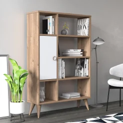 Libreria essenziale con sei scomparti aperti e un'anta battente, cm 80 x 25 x 121, colore con dettaglio bianco<Dmora Discount