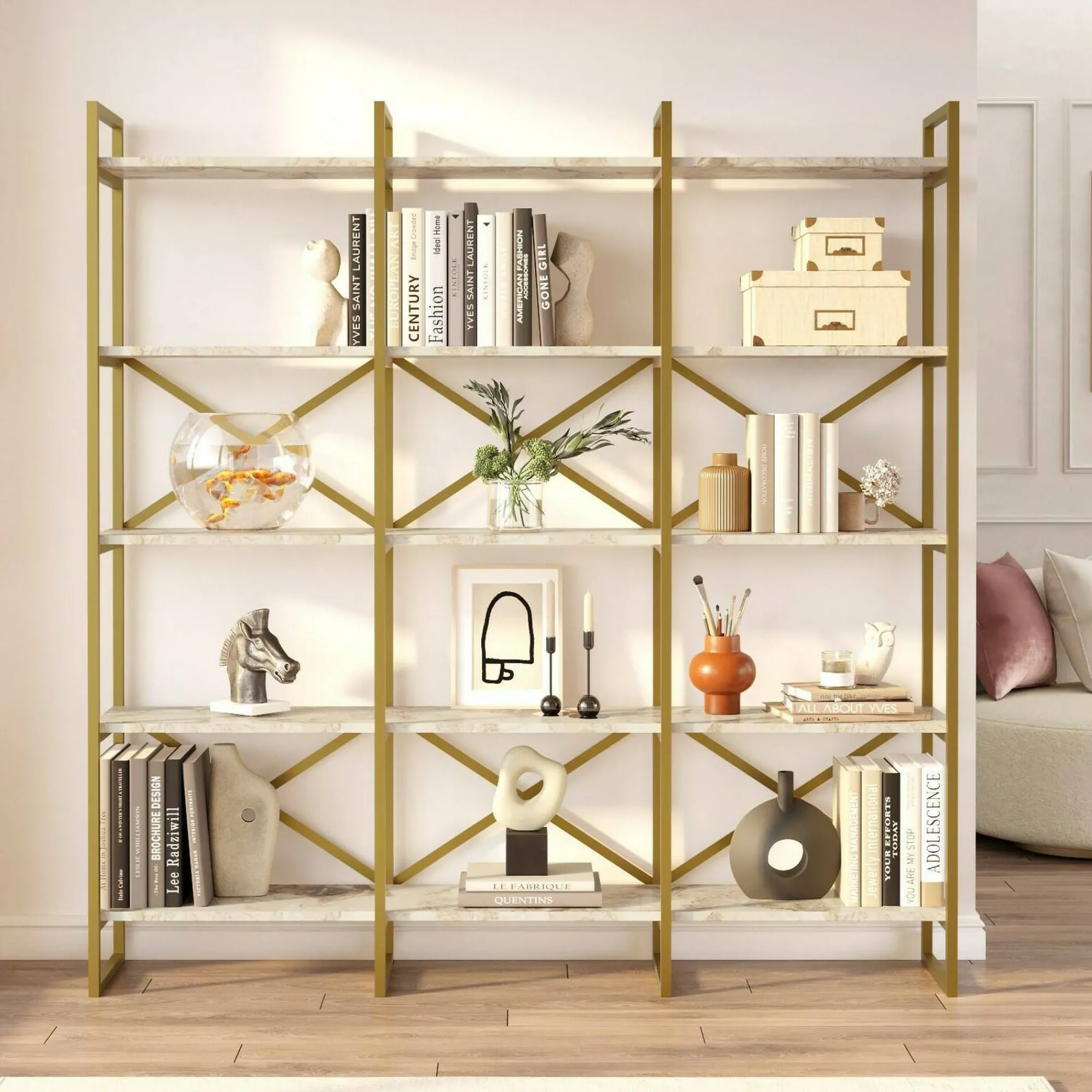 Libreria Gauro, 170x30h175 cm, Bianco e Oro<Dmora Discount