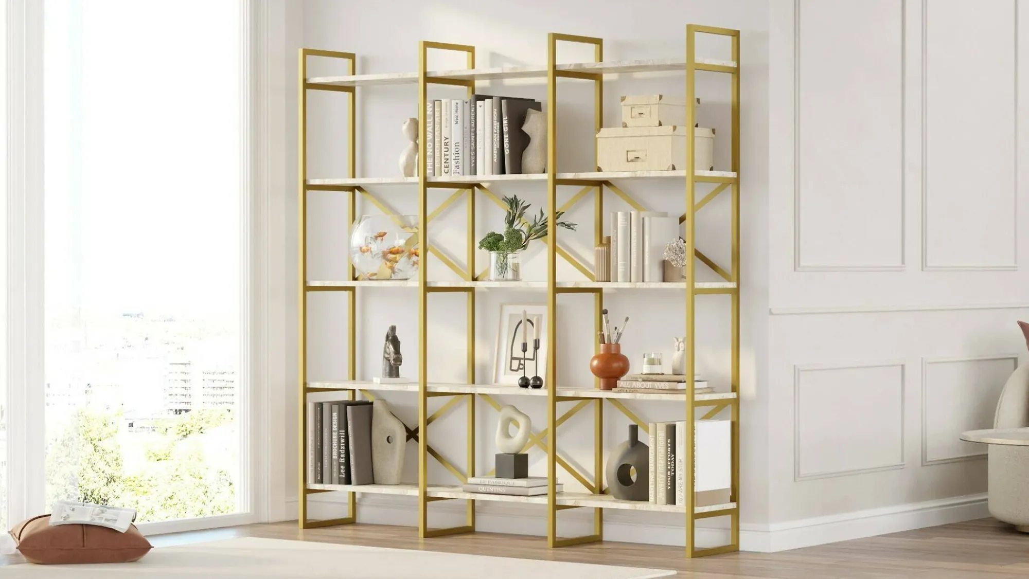 Libreria Gauro, 170x30h175 cm, Bianco e Oro<Dmora Discount