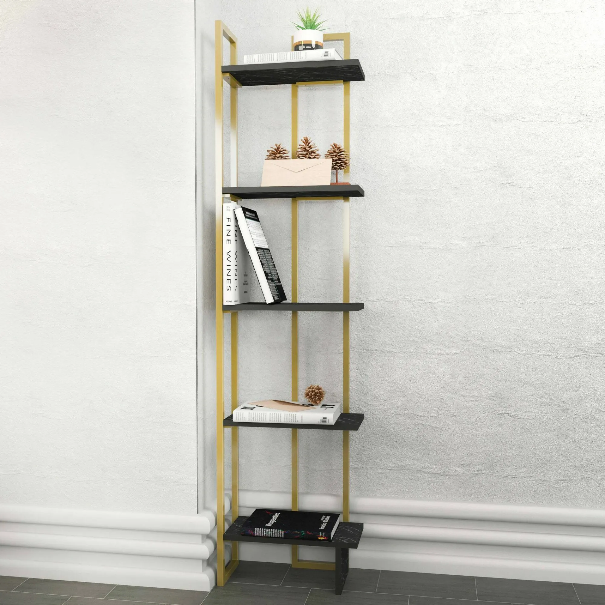 Libreria Giraffa, 45x22h180 cm, Nero e Oro<Dmora Outlet