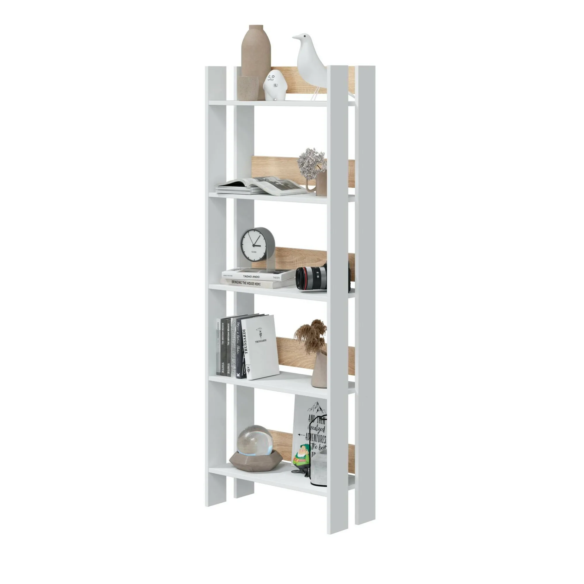 Libreria Haruki, 57x27h170 cm, Bianco lucido e Rovere<Dmora Store