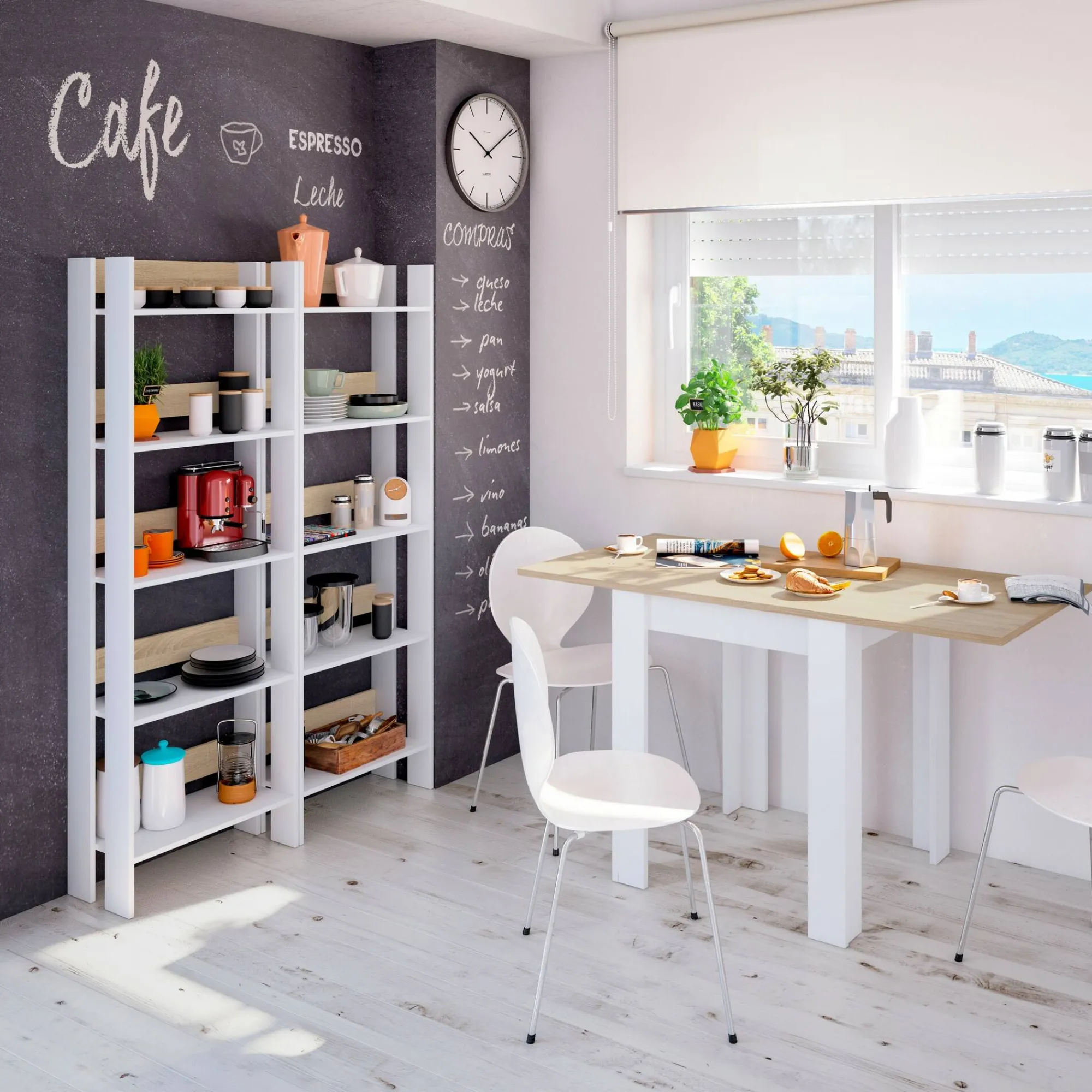 Libreria Haruki, 57x27h170 cm, Bianco lucido e Rovere<Dmora Store
